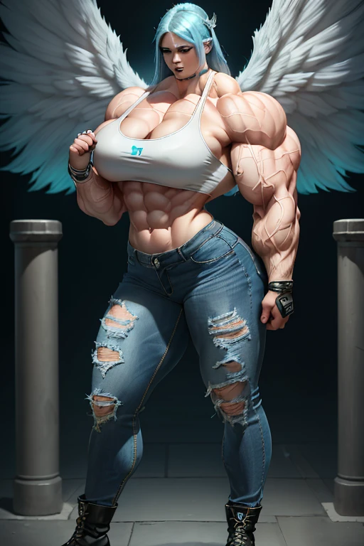 (((((Massive, tall, beautiful, pale white skinned, buff, muscular woman with cyan hair, black lipstick, ginormous bulky muscles, huge angel wings and wearing a white sports bra with denim jeans))))), (close view), (massive muscles), massive biceps, hyper muscle shoulders, vascular shoulders, hyper muscle triceps, huge angel wings, (long beachy hair), purple eyes, (wristbands), choker, boots, (in a misty city), fingerless gloves, closed smile, night, hyper vascular arm, hyper muscles arms, hyper muscle legs, massive arms.