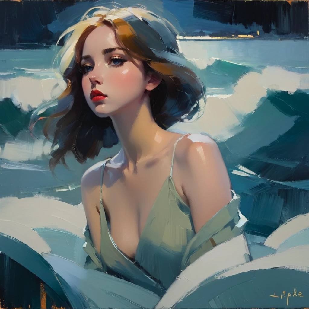 Create an evocative oil painting inspired by Malcolm Liepke, based on the provided image. Capture the intense, introspective expression of the young subject using thick, expressive brushstrokes and a muted color palette. Highlight the emotional depth and vulnerability in the subject's gaze, emphasizing the play of light and shadow on their face. Maintain a simple, textured background that complements the subject's contemplative presence. Focus on the tactile quality of the oil paint to convey the raw emotion and intimacy characteristic of Liepke's style.