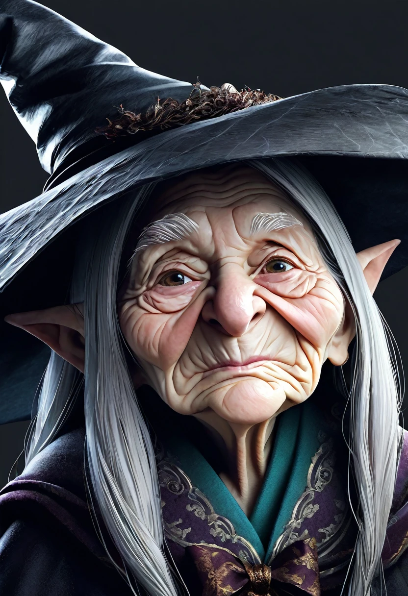 Close-up portrait of an elderly European woman、Old Witch、Highly detailed wrinkled face:1.4、Long, bushy eyebrows、Long Nose、Toothless Mouth、Witch Hat、Exquisite detail、high quality、Digital Art、Photorealistic、Chiaroscuro Lighting、Dark fantasy、Moody atmosphere、Rich colors、Dramatic lighting、