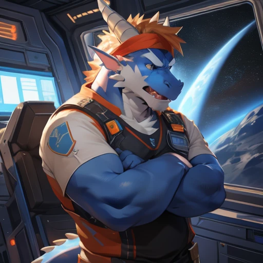 By glitter trap boy, by darkgem, by chunie, alone, dragon man, light blue skin, light blue body, ojos negros detallados, dark blue fur pattern, orange hair, short hair, ((headband)), muscular, tall, broad, large, detailed detailed body, frowning, angry, frown, fangs, closed mouth, arms crossed, white spacesuit, space, window, spaceship, standing, long snout