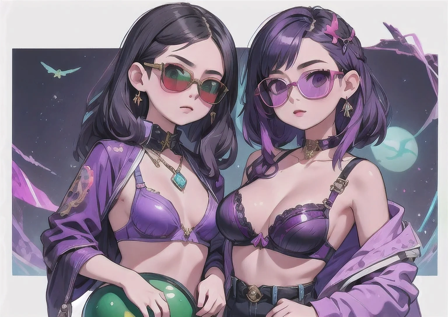 ((purple glasses))(( reflective bra)) imperial green jade sunglasses, wearing a purple outfit and purple sunglasses, ((1 girl))