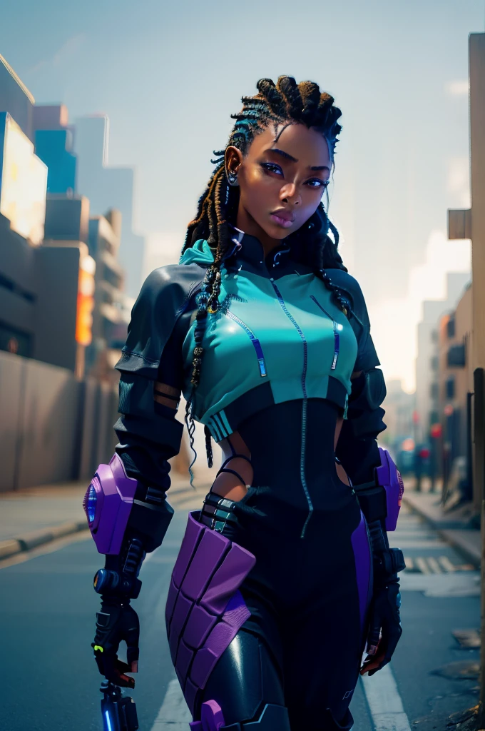 A stunning black woman in a post-apocalyptic cyberpunk setting. Your ebony skin glows under the neon light, and his blue cybernetic eyes stand out in a sculpted face with strong features. Her hair is a mix of dreadlocks and braids., decorados com LEDs piscantes. Ela veste um traje futurista preto e prata, full of circuits and metallic armatures, that fits perfectly to your athletic body, She is on a street in a futuristic city, surrounded by crumbling skyscrapers and faded holographic signs. The atmosphere is saturated with colorful neons and intermittent sparks from electrical wires. Metallic plates and urban debris punctuate the scene, while the sky, em tons de roxo e azul artificial, contrasta com as sombras profundas das ruas.