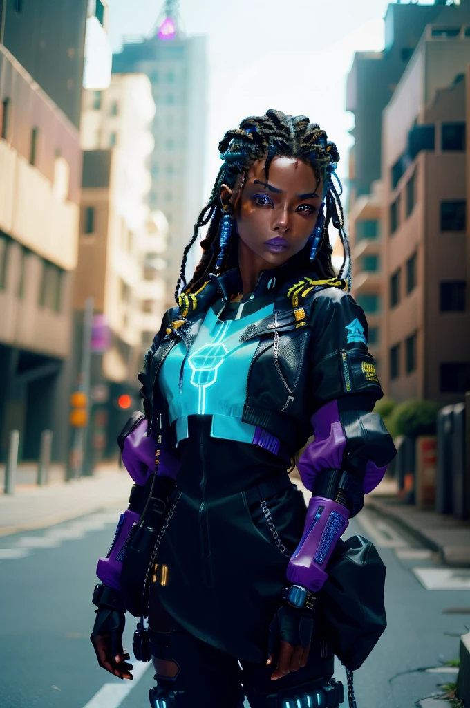 A stunning black woman in a post-apocalyptic cyberpunk setting. Your ebony skin glows under the neon light, and his blue cybernetic eyes stand out in a sculpted face with strong features. Her hair is a mix of dreadlocks and braids., decorados com LEDs piscantes. Ela veste um traje futurista preto e prata, full of circuits and metallic armatures, that fits perfectly to your athletic body, She is on a street in a futuristic city, surrounded by crumbling skyscrapers and faded holographic signs. The atmosphere is saturated with colorful neons and intermittent sparks from electrical wires. Metallic plates and urban debris punctuate the scene, while the sky, em tons de roxo e azul artificial, contrasta com as sombras profundas das ruas.