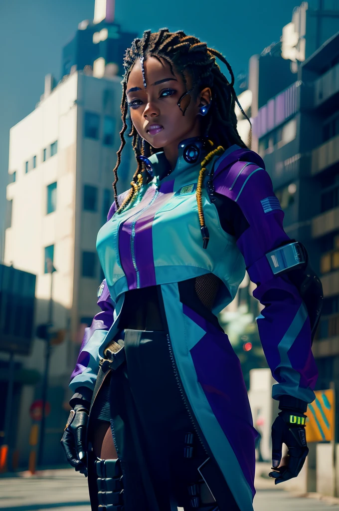 A stunning black woman in a post-apocalyptic cyberpunk setting. Your ebony skin glows under the neon light, and his blue cybernetic eyes stand out in a sculpted face with strong features. Her hair is a mix of dreadlocks and braids., decorados com LEDs piscantes. Ela veste um traje futurista preto e prata, full of circuits and metallic armatures, that fits perfectly to your athletic body, She is on a street in a futuristic city, surrounded by crumbling skyscrapers and faded holographic signs. The atmosphere is saturated with colorful neons and intermittent sparks from electrical wires. Metallic plates and urban debris punctuate the scene, while the sky, em tons de roxo e azul artificial, contrasta com as sombras profundas das ruas.