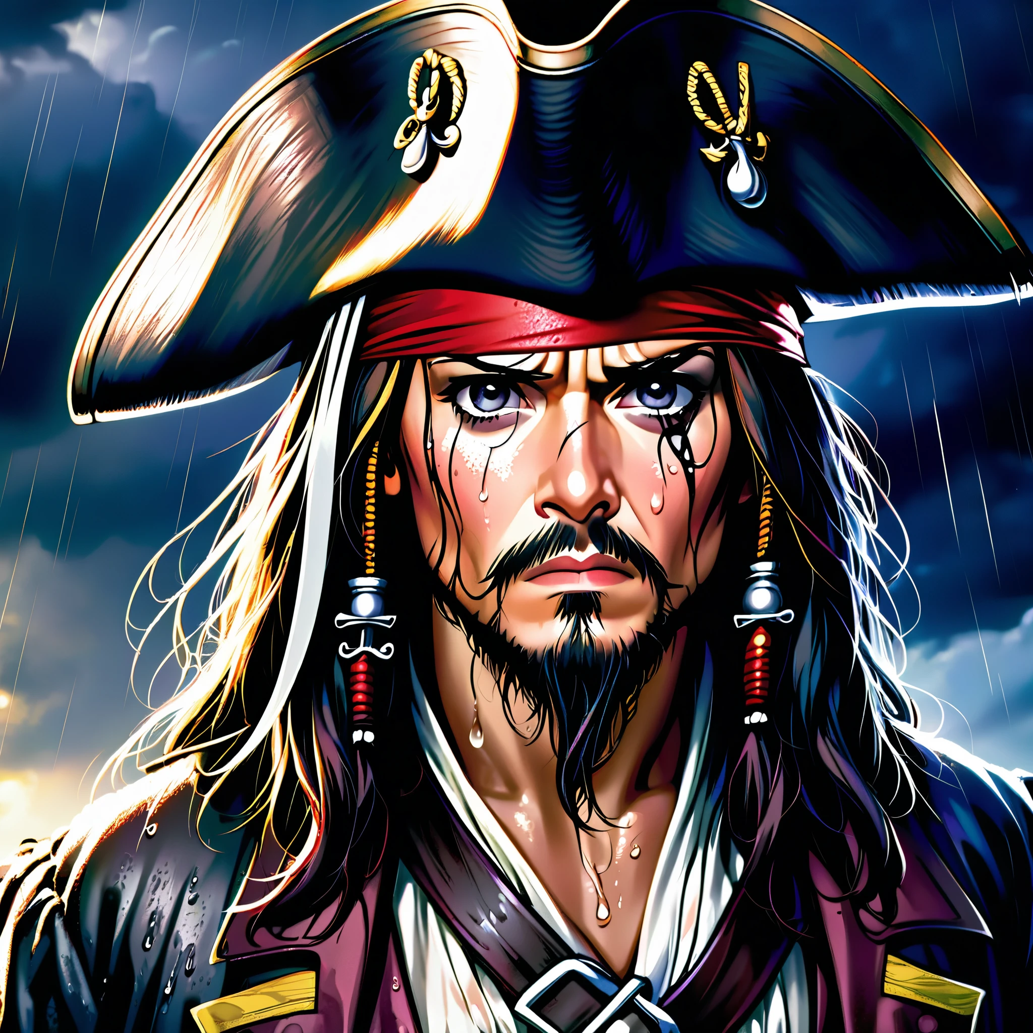 a detailed close-up portrait of captain jack sparrow, pleading his innocence, soaking wet from the rain, standing at the gallows, dramatic lighting, gritty textured skin, intense eyes, parted lips, wet hair, pirate costume, stormy cloudy sky, (best quality,4k,8k,highres,masterpiece:1.2),ultra-detailed,(realistic,photorealistic,photo-realistic:1.37),cinematic,dramatic lighting,chiaroscuro,wet weather,rough weathered skin,intense gaze,emotional expression
