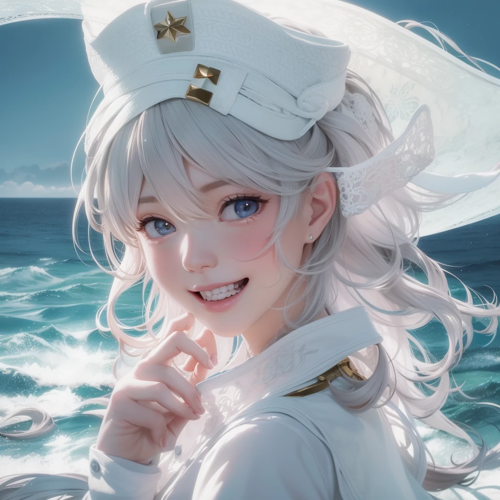Close up of a smile with the corners of the mouth raised、White nurse、White nurse costume、White Cosplay、(realisitic、hight resolution)、(1 girl in)、Nurse、Do-Up Eye、Korean Girl、(Best Quality), (masutepiece), (1girl in), Solo, a beauty girl, Perfect face, Big Breast,dreamlikeart、Highly detailed airbrush art((Surreal))、Volumetric lighting、(top-quality)、The ultra-detailliert、(The composition of the movement:1.4)、Highly detailed colorful details、(Bright lighting)、dynamic compositions、Ray traching、The mirror reflects light、Shallow depth of field、ultra-detailliert、mixing exposure、nffsw、Her eyes glow white、Staring at the white sea。Her white face is full of anticipation and courage for a white nurse.、A smile appears on the lips of a white nurse。 At the rear、The sun is slowly tilting to the wes light brings white color to the surface of the sea、Swaying white waves create a beautiful scene。Her eyes shine distinctly white。Lots of white color