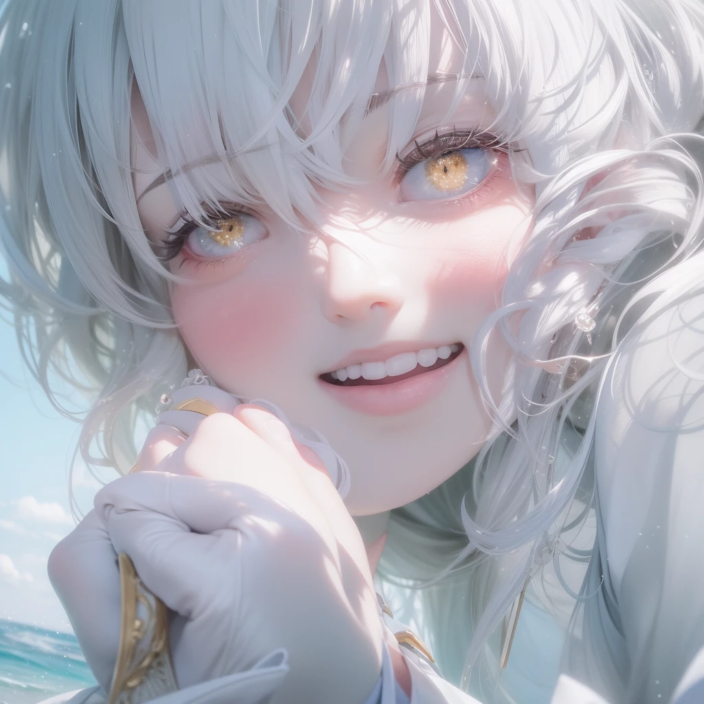 Close up of a smile with the corners of the mouth raised、White nurse、White nurse costume、White Cosplay、(realisitic、hight resolution)、(1 girl in)、Nurse、Do-Up Eye、Korean Girl、(Best Quality), (masutepiece), (1girl in), Solo, a beauty girl, Perfect face, Big Breast,dreamlikeart、Highly detailed airbrush art((Surreal))、Volumetric lighting、(top-quality)、The ultra-detailliert、(The composition of the movement:1.4)、Highly detailed colorful details、(Bright lighting)、dynamic compositions、Ray traching、The mirror reflects light、Shallow depth of field、ultra-detailliert、mixing exposure、nffsw、Her eyes glow white、Staring at the white sea。Her white face is full of anticipation and courage for a white nurse.、A smile appears on the lips of a white nurse。 At the rear、The sun is slowly tilting to the wes light brings white color to the surface of the sea、Swaying white waves create a beautiful scene。Her eyes shine distinctly white。Lots of white color