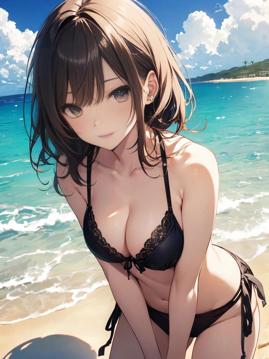 highest quality、masterpiece、超detailed、Delicate features、Delicate skin、beautifuldetailedな輝き、beautiful照明、complicated、8k resolution、Realistic Shadows、Realistic lighting、Ray Tracing、complicatedなdetailed、Upper Body、One girl、Huge breasts、bikini、Glowing Skin、In the heat、((Sandy Beach:1.4))、detailed:1.5、Leaning forward、Delicate colors、An illustration、Bright colors、beautiful、、Nene Kasaki々、Yukari Higa Style、