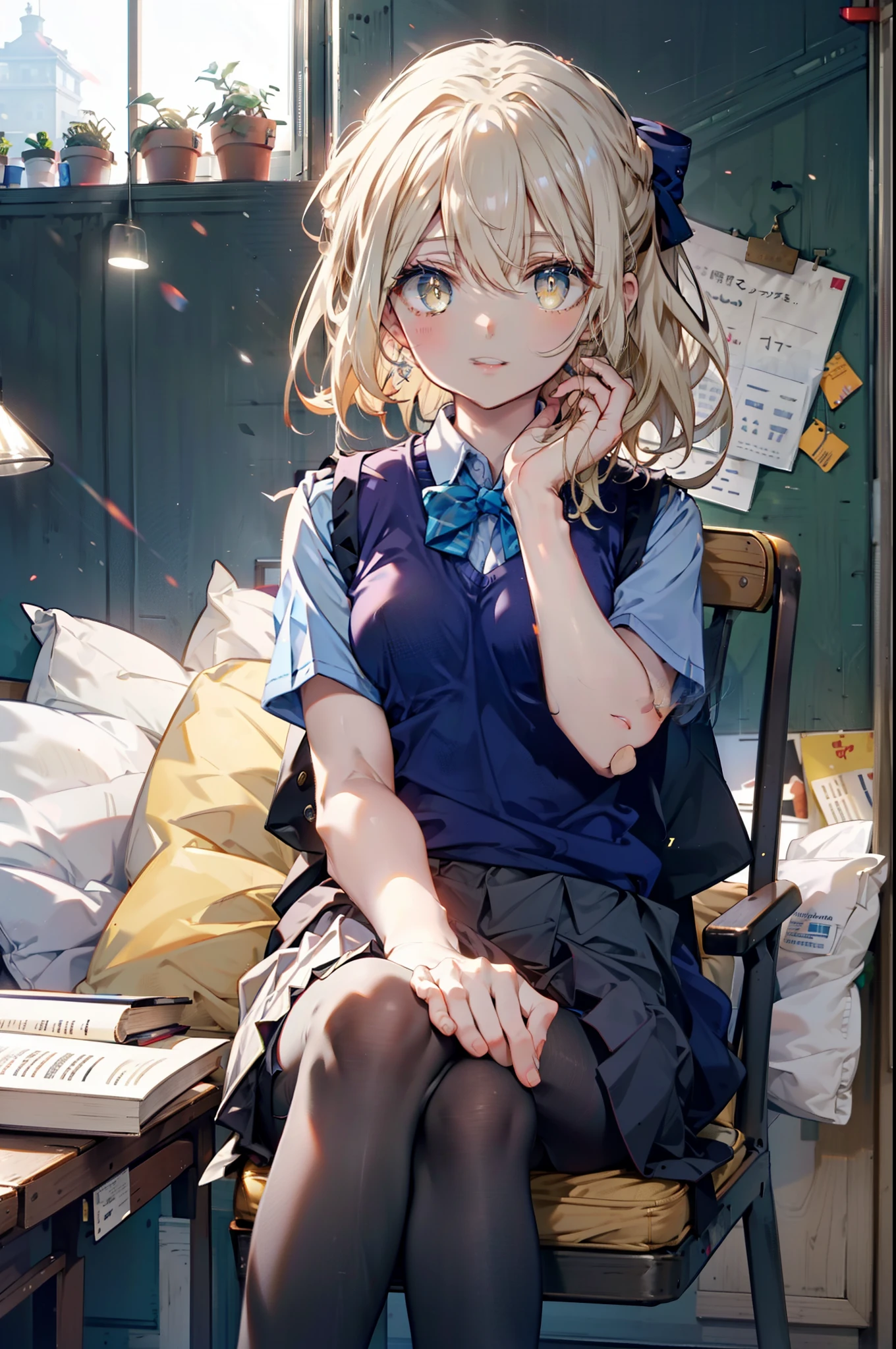 Izvalenstein, Eyes Wallenstein, Blonde Hair, Hair between the eyes, White hair band, Long Hair, (Yellow Eyes:1.5), Side Lock,smile,blush,, break skirt, shirt, bow, ribbon, , white shirt, Short sleeve, Pleated skirt, collared shirt, mini skirt, bowtie, 黒いloafers , Black Skirt, Black pantyhose, loafers, green bow, Sweater vest, (blue Sweater vest:1.5),sitting cross-legged on a chair,There is a sandwich on the table,Daytime,Clear skies,
break looking at viewer,whole body,
break indoors, classroom,
break (masterpiece:1.2), highest quality, High resolution, unity 8k wallpaper, (shape:0.8), (Beautiful and beautiful eyes:1.6), Highly detailed face, Perfect lighting, Extremely detailed CG, (Perfect hands, Perfect Anatomy),