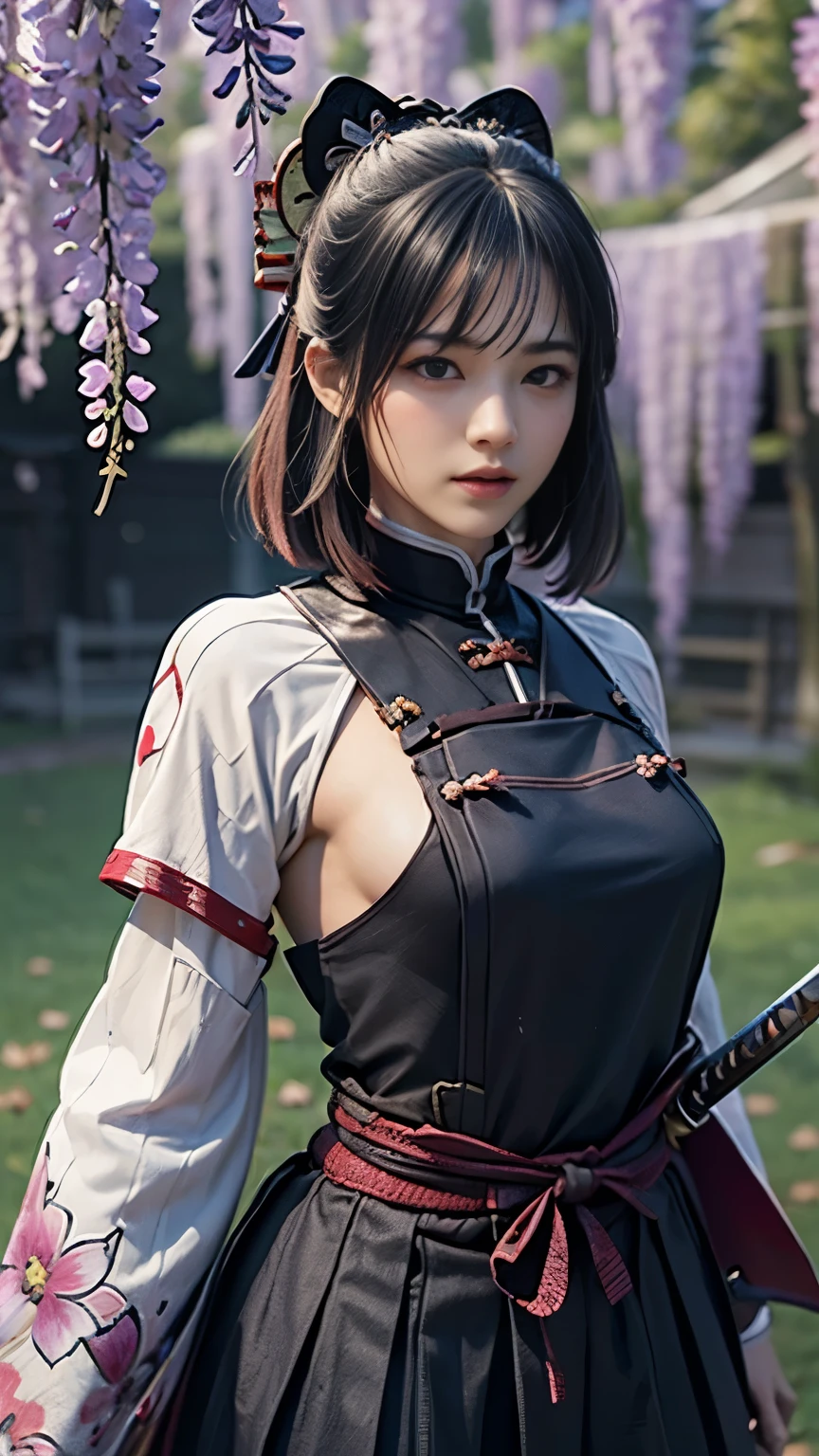 Realistic, Super detailed, High resolution, highest quality, Super detailedな,1 Female , Official Art, unity 8k wallpaper, Super detailed, beautiful and aesthetic, beautiful, masterpiece,( Super busty breasts:1.8,Small waist)、Glowing Skin,masterpiece, wonderful, (CG illustration),Asian,  Ultra-realistic textured face and skin、Accurate anatomy、samurai、Colorful armor、Radiation Hair,  bangs,Short Bob、((samurai))、sword,Facial details、Dynamic Pose、Dynamic Action、Dynamic Angle、Detailed Background、Wisteria flower、In combat、duel、Degrees of Freedom:1.3
