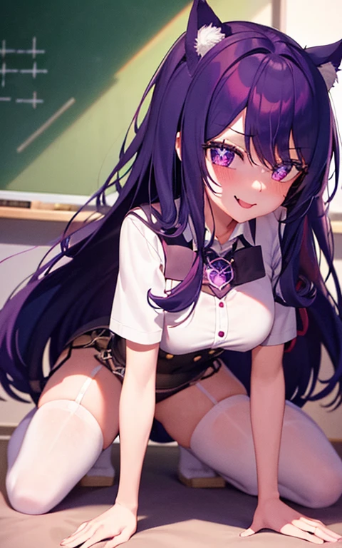 1 girl with a pentagram in her eyes, gorgeous long purple hair, smiling, mouth open, , unbuttoning, medium bust, blushing lashes, cat ears, classroom, classroom desk, on all fours, white stockings, blushing face, tongue out