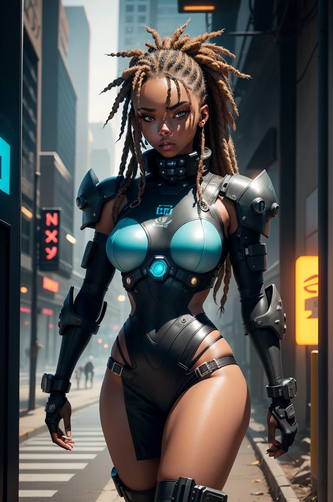 A stunning woman in a post-apocalyptic cyberpunk setting. Your ebony skin glows under the neon light, Blue cybernetic eyes stand out from a chiseled face with strong features. Cabelos em dreadlocks adornados com LEDs piscantes. Ela veste um traje futurista preto e prata, with circuits and metallic armatures, adjusted to the athletic body,
She's on a futuristic street, surrounded by crumbling skyscrapers, faded holographic signs, colorful neons and sparks from electrical wires. Metallic plates and urban debris punctuate the scene. The sky in shades of artificial purple and blue contrasts with the deep shadows of the streets.