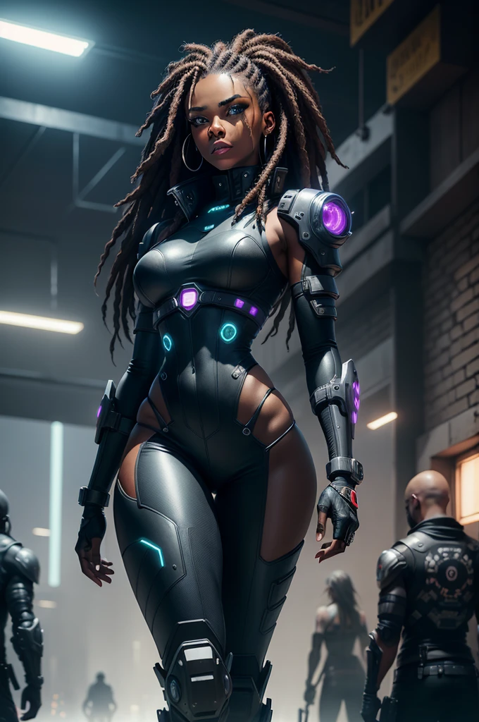 A stunning woman in a post-apocalyptic cyberpunk setting. Your ebony skin glows under the neon light, Blue cybernetic eyes stand out from a chiseled face with strong features. Cabelos em dreadlocks adornados com LEDs piscantes. Ela veste um traje futurista preto e prata, with circuits and metallic armatures, adjusted to the athletic body, 
She&#39;s on a futuristic street, surrounded by crumbling skyscrapers, faded holographic signs, colorful neons and sparks from electrical wires. Metallic plates and urban debris punctuate the scene. The sky in shades of artificial purple and blue contrasts with the deep shadows of the streets.