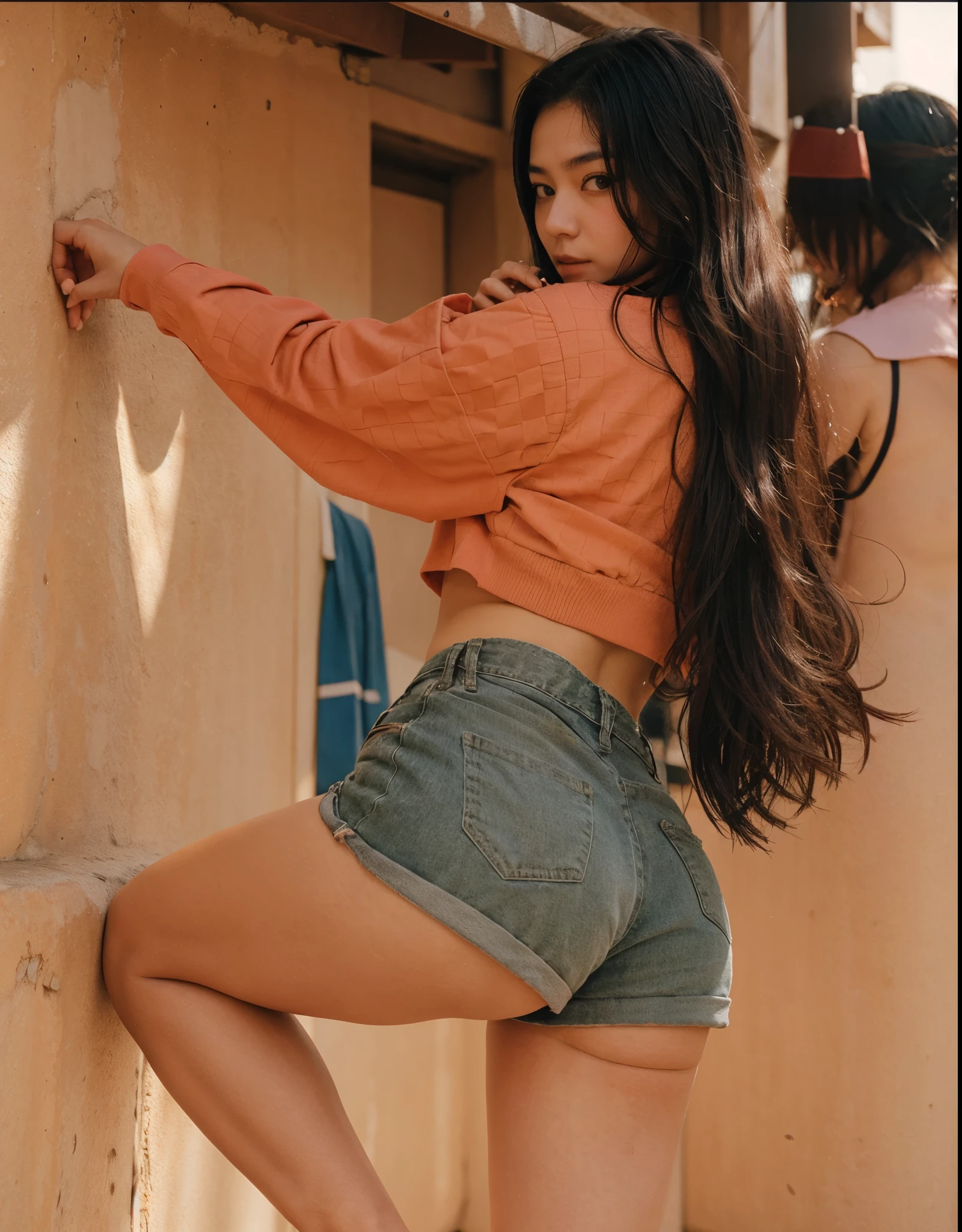 Make Sakura, garota japonesa, 19 anos, in the same position wearing the same clothes, in an identical scenario, cabelo preto