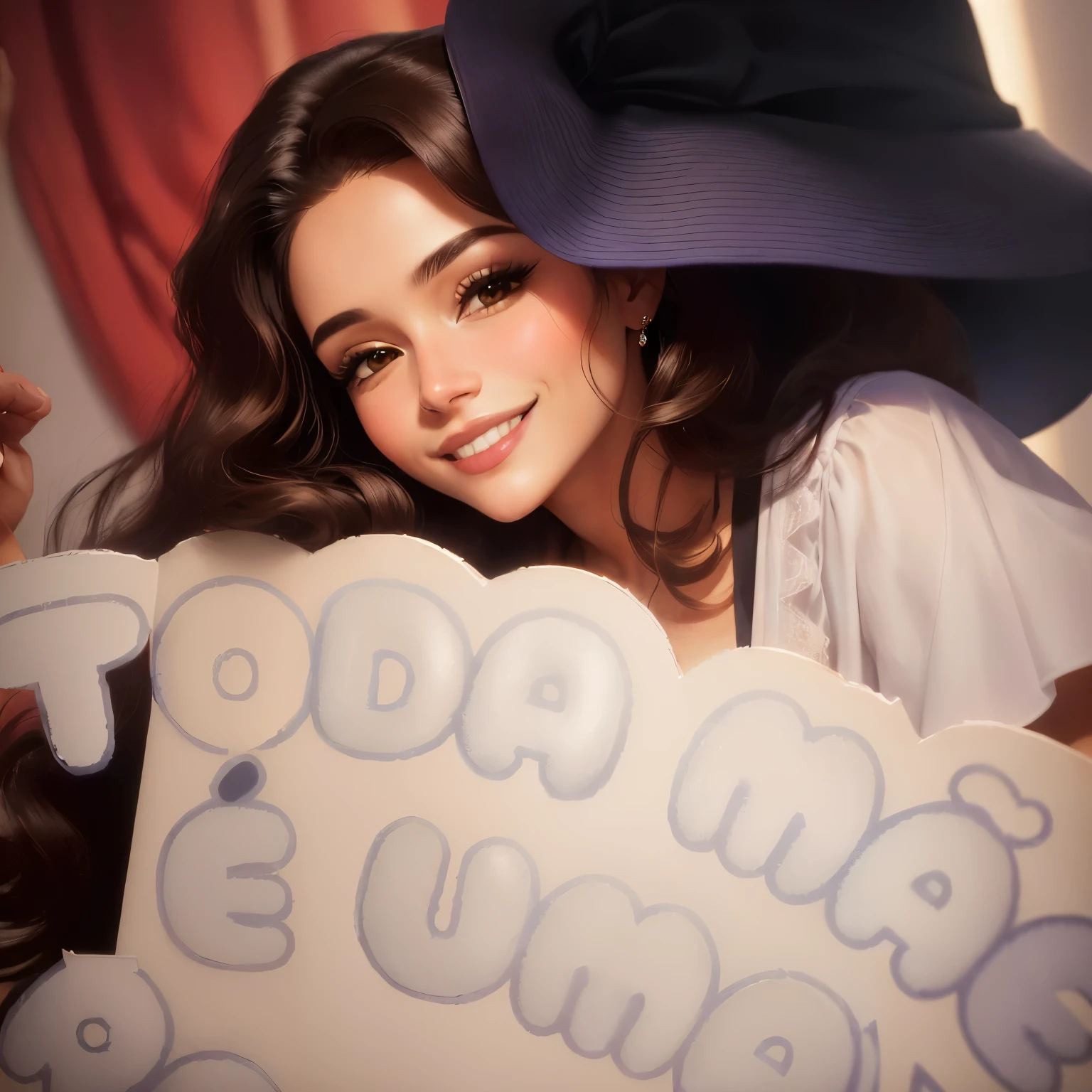 smiling woman holding a sign that says happy birthday, imagem frontal, 3 Brazilian mother of 5 years, muito definido, foto realista, looks like fabiula nascimento, muito talentoso, by Rodolfo Amoedo, desenho, powder Nándor Katona, upload de alta qualidade, by Amélia Peláez, Andreia Rocha