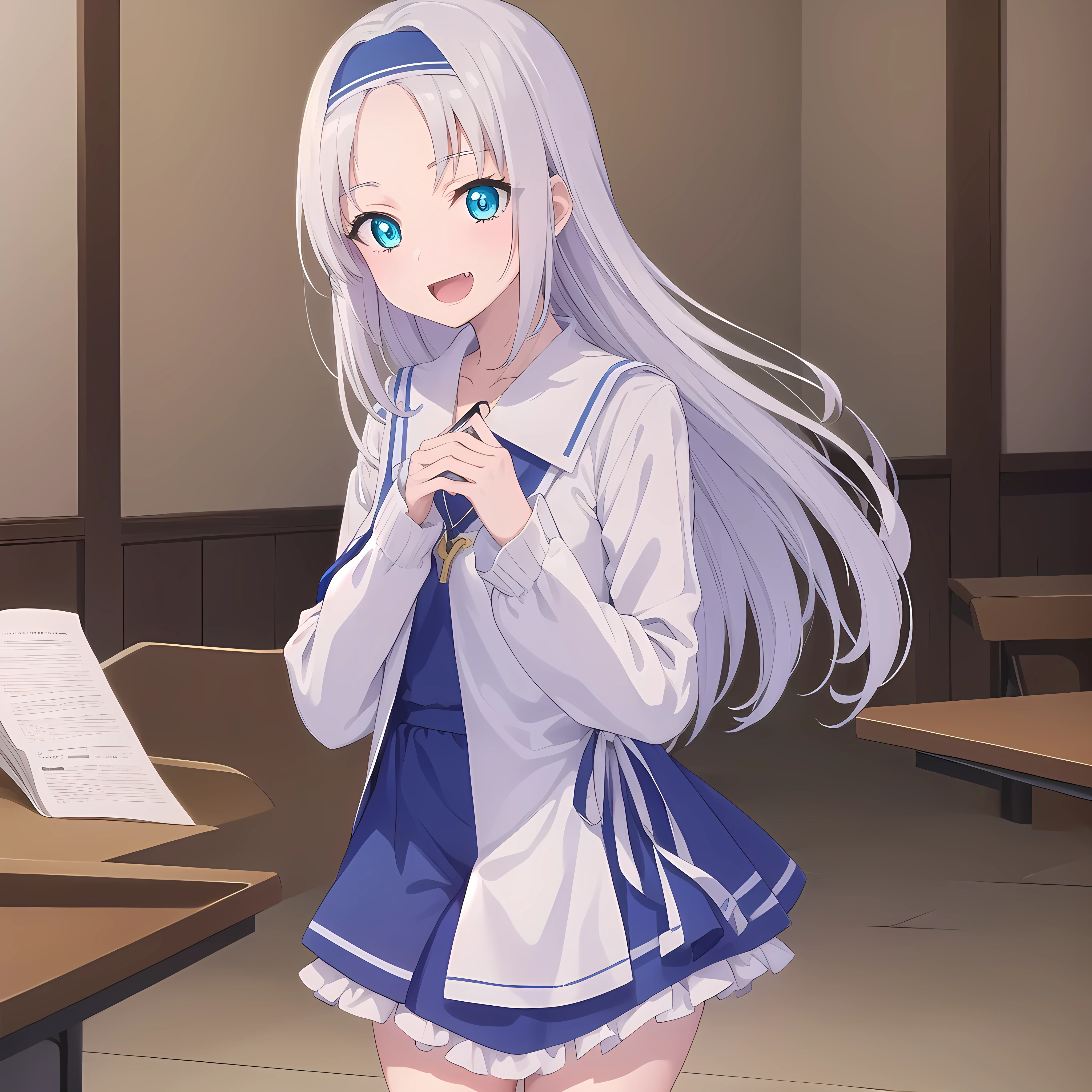 mariatakayama, maria takayama, long hair, blue eyes, fang, aqua eyes, smile, open mouth, seventeen years old
BREAK jewelry, heart, necklace, nun, habit, white short skirt
BREAK indoors, classroom,
BREAK looking at viewer, (cowboy shot:1.5),
BREAK (masterpiece:1.2), best quality, high resolution, unity 8k wallpaper, (illustration:0.8), (beautiful detailed eyes:1.6), extremely detailed face, perfect lighting, extremely detailed CG, (perfect hands, perfect anatomy),