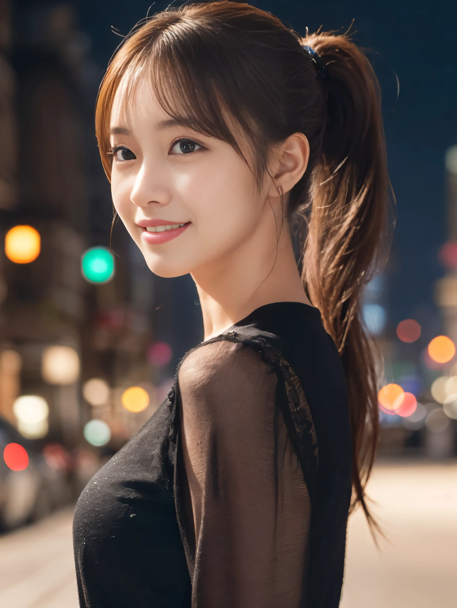 1 girl, (Wearing a black blouse:1.2), Beautiful Japanese actresses, (ponytail:1.3),
(RAW Photos, highest quality), (Realistic, Photorealistic:1.4), masterpiece, 
Very delicate and beautiful, Very detailed, 2k wallpaper, wonderful, 
finely, Very detailed CG Unity 8K 壁紙, Very detailed, High resolution, 
Soft Light, Beautiful detailed girl, Very detailed目と顔, Beautiful and detailed nose, Beautiful and detailed, Cinema Lighting, 
break
(Snowy night cityscape as background 1.3), City lights, 
Perfect Anatomy, Slender body, smile, Face the front completely, Looking at the camera