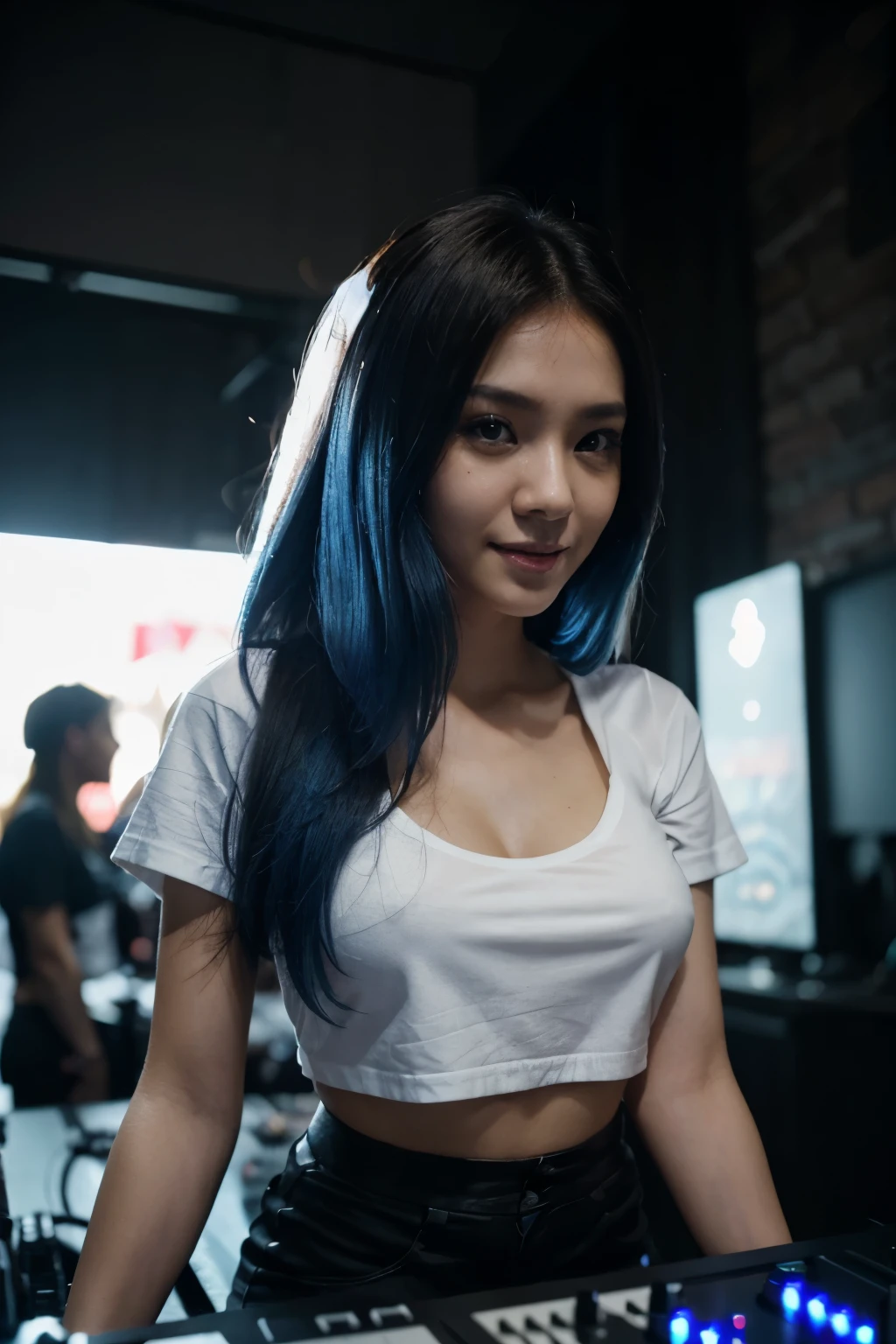 A beautiful DJ, in a white t-shirt and black hot pants controlling the mixer hosting a private music on a crowded night club. 19years old korean, pretty, 8k, best quality, masterpiece, realistic, ultra detail, photo realistic, hyper realistic, smoother lighting, increase cinematic lighting quality, realistic lighting, backlighting, brightening light, Increase quality, best quality real texture skin, close-up, slender, cute face, smile, beautiful details eyes, Drill hair with electric blue color, hood,