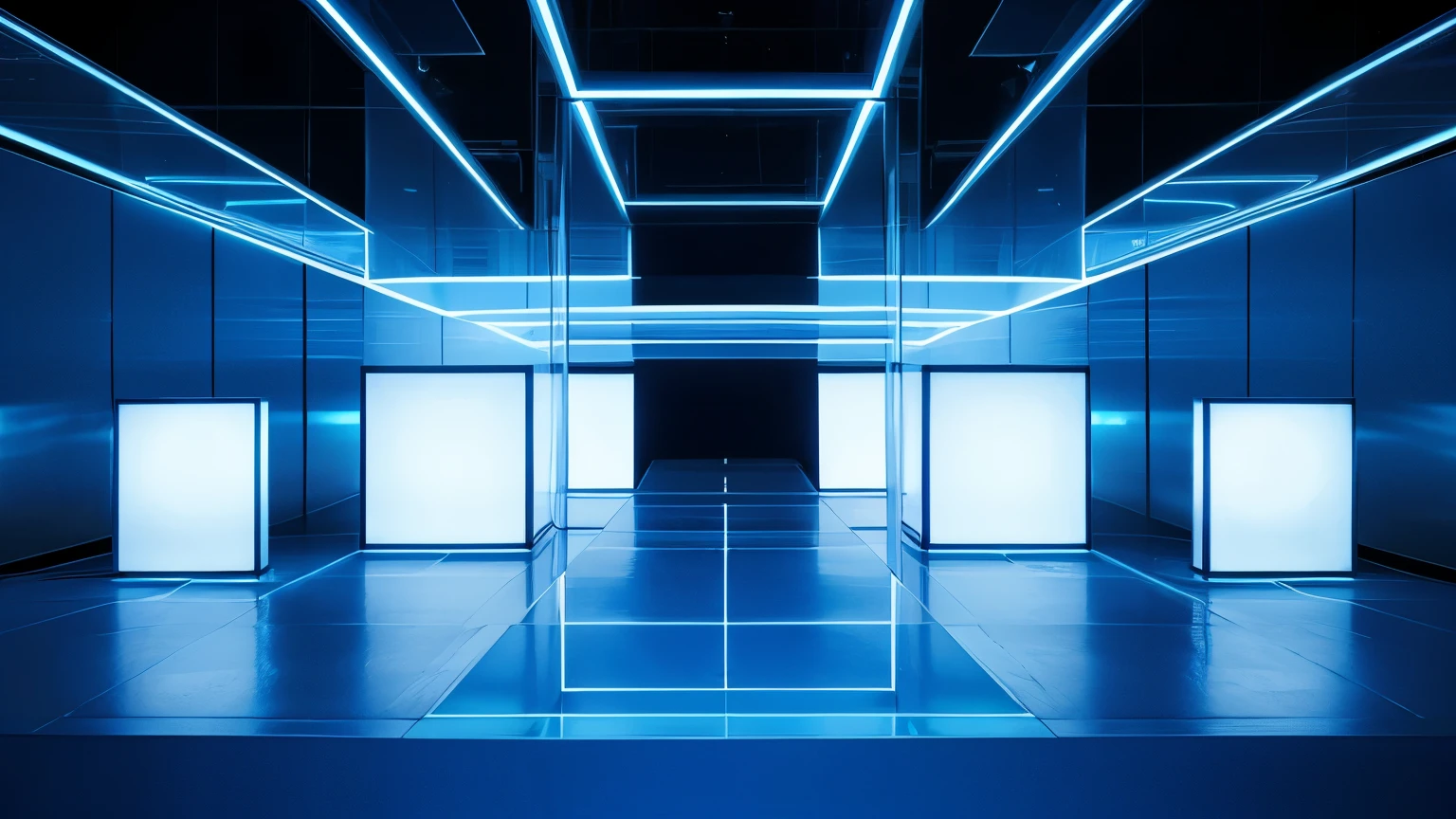 technology blue future technology digital future lighting scene business background ,Background abstract transparent glass frame composed of lights,Square Stage,abstract、Gorgeous lighting。geometry