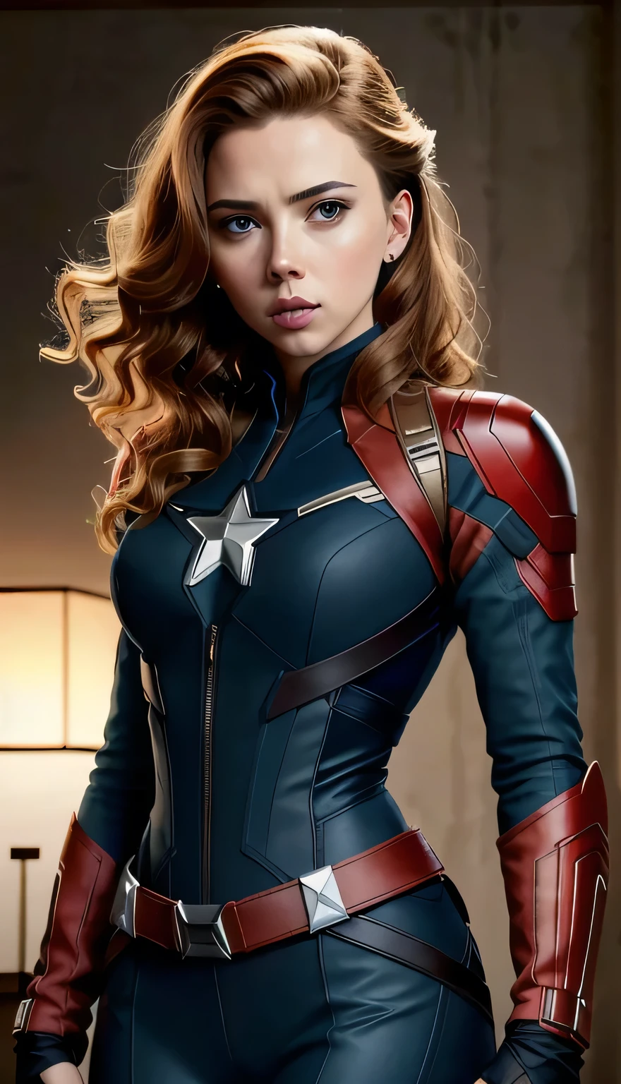 (Obra de arte), (melhor qualidade), (Fotorrealista:1.3), 8K, textura detalhada da pele, Textura detalhada de pano, lindo rosto detalhado, detalhes intrincados, ultra detalhado, Scarlett Johansson, Black Widow in the style of Captain America, cabelo ruivo liso, (corpo inteiro:1.2)