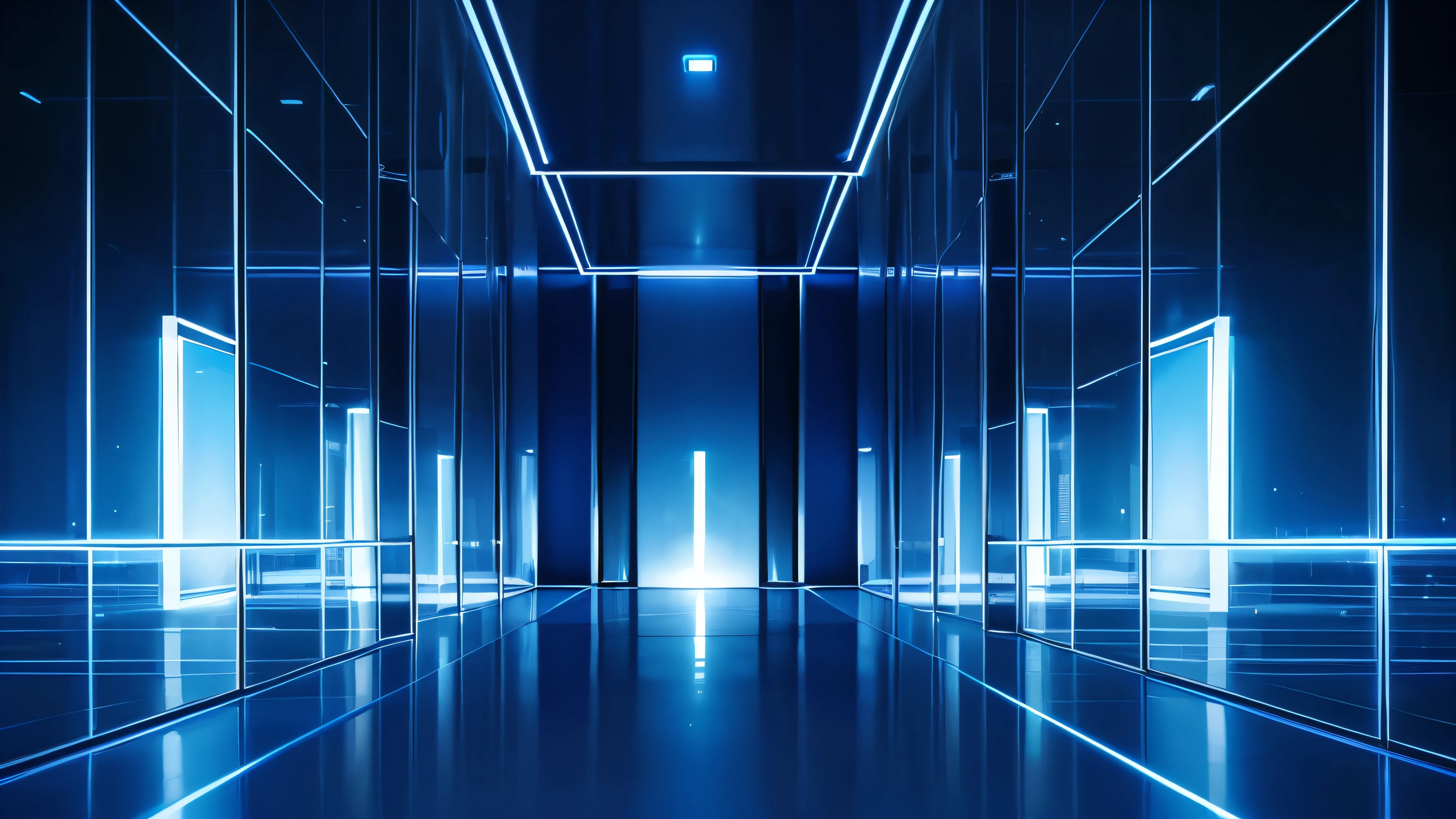 technology blue future technology digital future lighting scene business background ，Background abstract transparent glass frame composed of lights，Square Stage，abstract、Gorgeous lighting。geometry