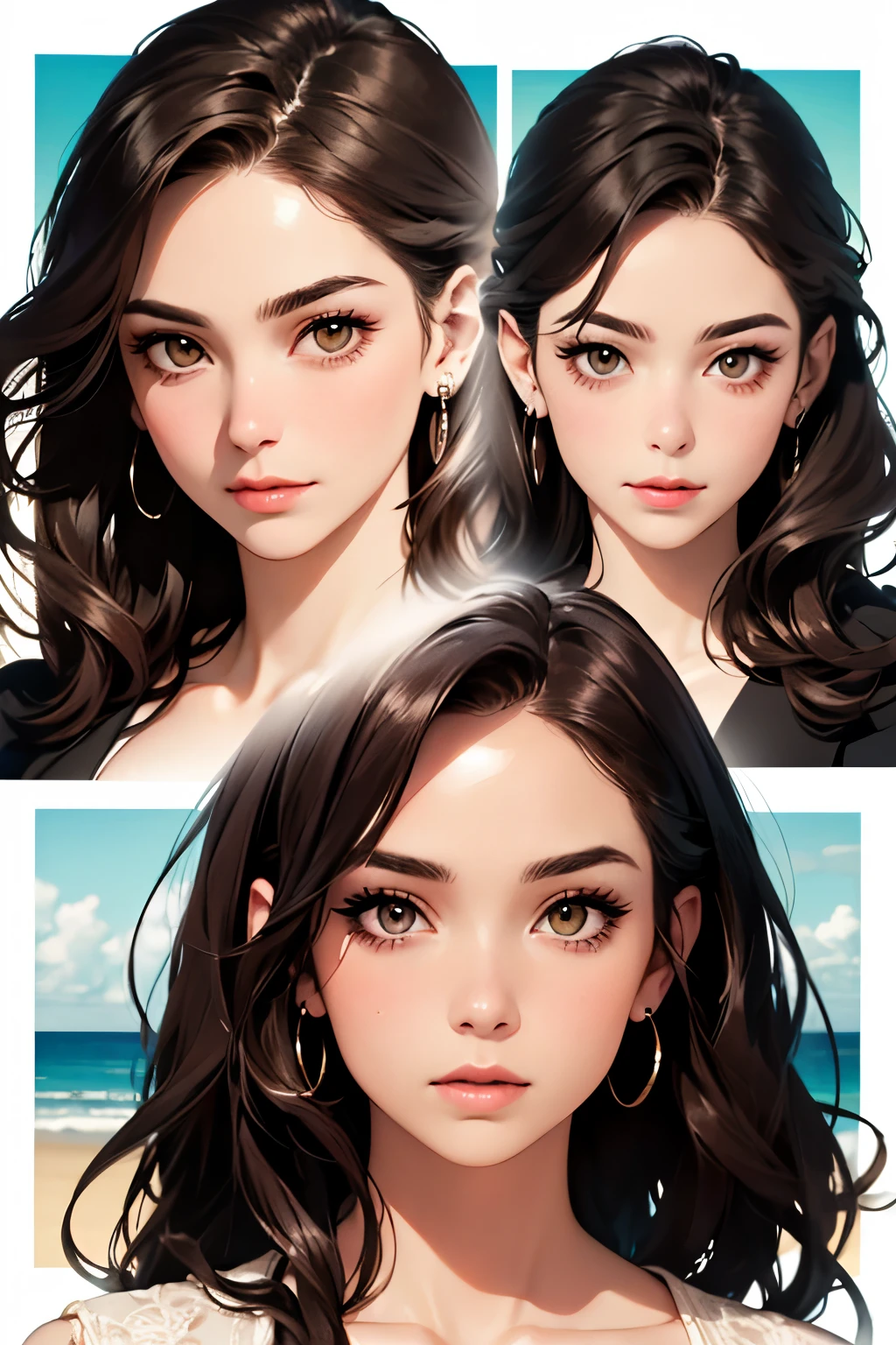 highest quality、High resolution、Detailed Background、(Beautiful face in every detail:1.4)、Anatomically correct、(Detailed facial expressions)、(fine grain:1.2)、Beautiful Madame in her 50s、(Highly detailed face:1.4)、Stroking her hair back、Brown Hair、Long Hair、Wavy Hairstyle、well-groomed eyebrows,eye make up、Lip Makeup、A relaxed, adult atmosphere、Seaside