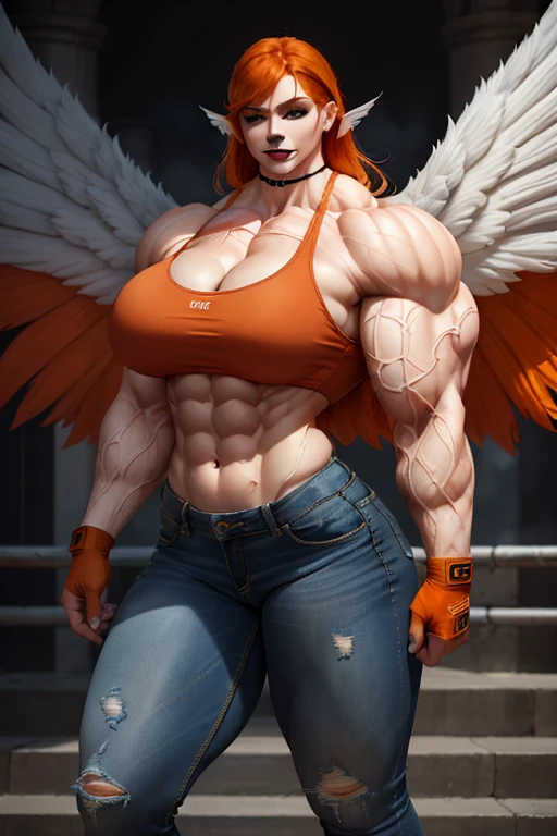 (((((Massive, tall, beautiful, pale white skinned, buff, muscular woman with orange hair, black lipstick, ginormous bulky muscles, huge angel wings and wearing a white sports bra with denim jeans))))), (close view), (massive muscles), massive biceps, hyper muscle shoulders, vascular shoulders, hyper muscle triceps, huge angel wings, (long shaggy hair), green eyes, (wristbands), choker, boots, (in a misty city), fingerless gloves, closed smile, night, hyper vascular arm, hyper muscles arms, hyper muscle legs, massive arms.