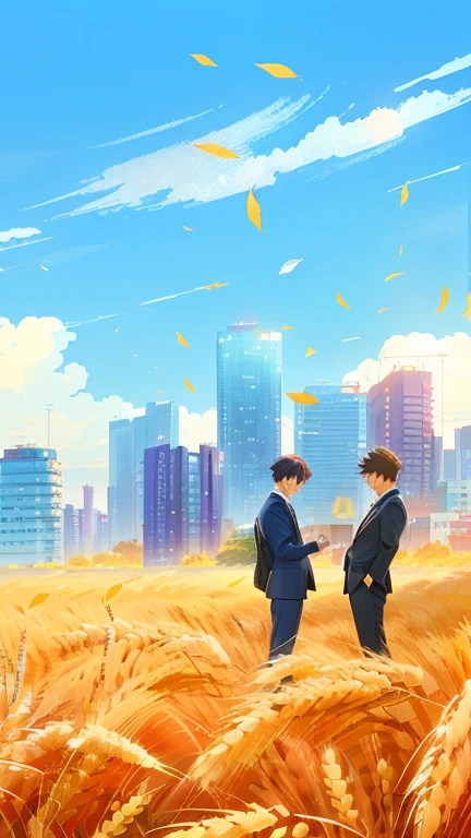 Two wheat fields，背景为城市的动漫style插图, Anime style cityscape, Colorful anime background, 🍁 Lovely, Digital Anime Illustration, 4k hd illustration wallpaper, A beautiful artistic illustration, Background artwork, With Artest Guerin (atey ghailan) style, Anime Background Art, Tokyo anime scene, Blurred dream illustration, Official illustrations，Two men in suits
