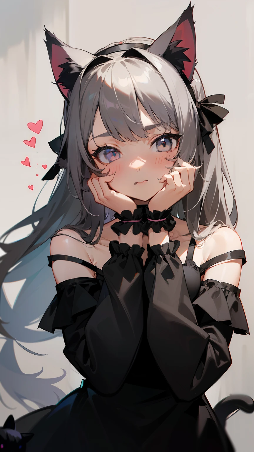 ((最high quality)), ((masterpiece)), (Very detailed:1.3),1 girl,Age 25,超High resolution, retina, masterpiece, Accurate, Anatomically correct, Rough skin, Very detailed, Advanced Details, high quality, Awards, high quality, High resolution, High resolution, 4K,(anime,8k,masterpiece, high quality, high quality,beautiful:1.2,Professional Illustration:1.1,Very detailed:1.3,Perfect lighting),Cute pose,(Gray Eyes:1.5),(Grey Hair),(long hair:1.5),Ears hide,(Black cat ears:2),(gothic lolita:1.5),(Choker of Hearts:1.5),layer clothes,(grey camisole:1.5),(overly long sleeves:1.5),(off shoulder:1.5),Solid color background,(hands on own cheek:1.5),(black cloth:1.3),serious, silenceSuzuka,