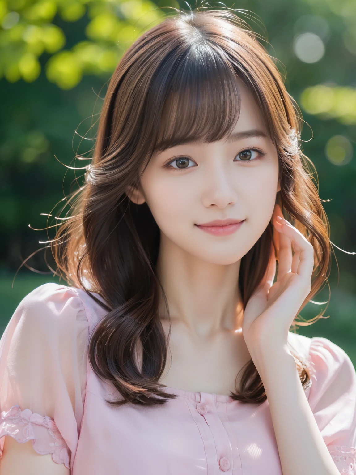 1 girl,(Wearing a deep pink short-sleeved blouse:1.2),(RAW Photos, highest quality), (Realistic, Realistic:1.4), Tabletop, Very delicate and beautiful, Very detailed, 2k wallpaper, wonderful, In detail, Very detailedなCGユニティ8K壁紙, Very detailed, High resolution, Soft Light, Beautiful detailed girl, Very detailed目と顔, Beautiful and sophisticated nose, Beautiful and beautiful eyes,Cinema Lighting, Spring Green Park, Perfect Anatomy, Slender body, smile, Wavy long hair, ((Body facing the camera)), face looking at the camera,