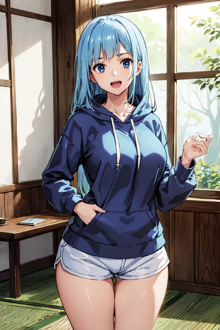 (extremely detailed CG unity 8k wallpaper),(masterpiece),(best quality),(ultra-detailed),(best illustration),(best shadow),(absurdres), Kasumi, 1girl, solo, blue hair, long hair, blue eyes, smile, holding, bangs, blunt bangs, indoors, upper body, open mouth, straight hair, long sleeves, hoodie, thick hoodie, white hoodie strings, Standing in bedroom , large breasts, hands in lap, thick thighs, facing camera, looking at viewer, (wide hips), beautiful japanese garden background, dolfine shorts, dshorts,
