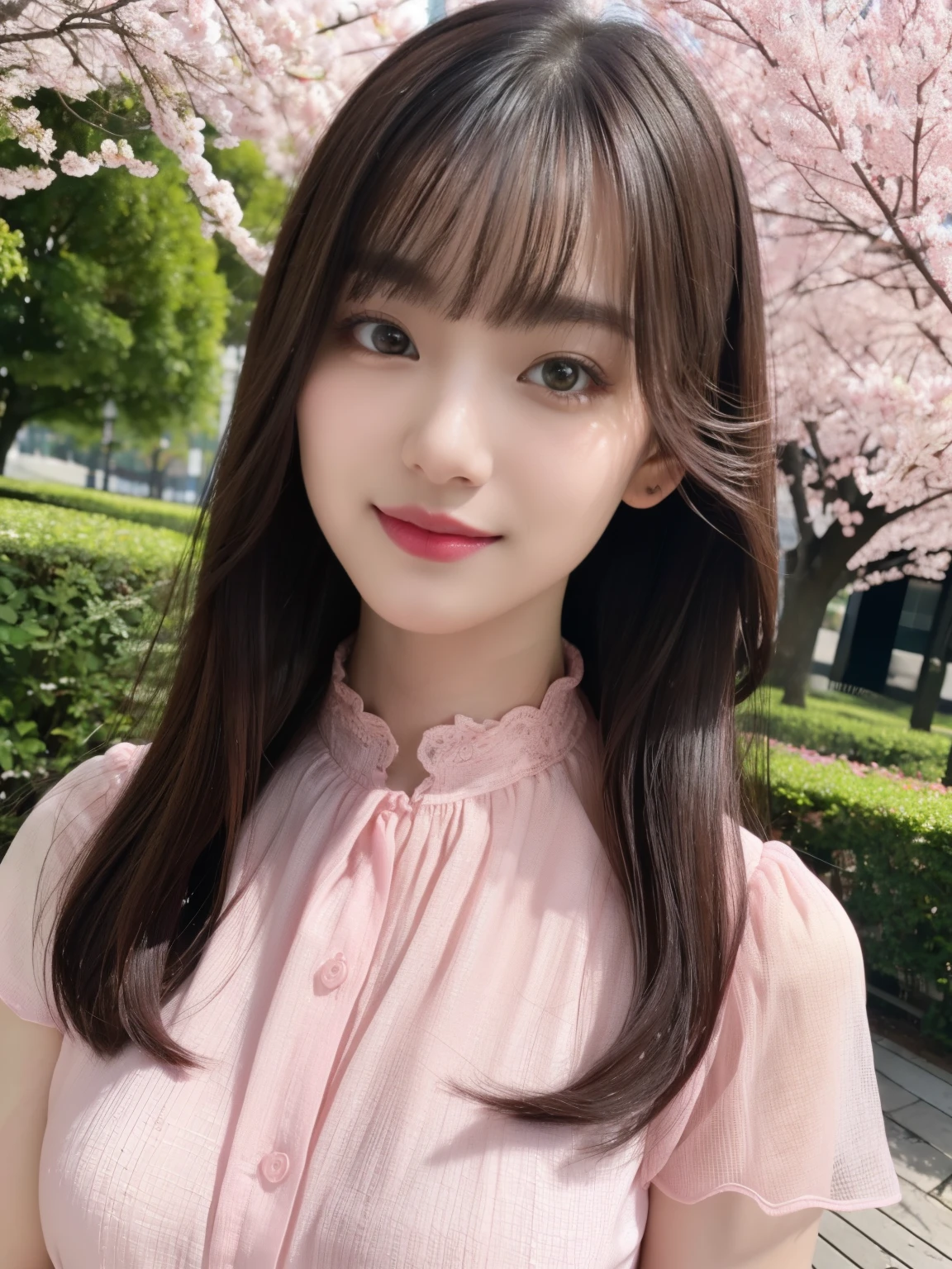 1 girl,(Wearing a deep pink short-sleeved blouse:1.2),(RAW Photos, highest quality), (Realistic, Realistic:1.4), Tabletop, Very delicate and beautiful, Very detailed, 2k wallpaper, wonderful, In detail, Very detailedなCGユニティ8K壁紙, Very detailed, High resolution, Soft Light, Beautiful detailed girl, Very detailed目と顔, Beautiful and sophisticated nose, Beautiful and beautiful eyes, Dark pink lipstick, Cinema Lighting, Spring Green Park, Perfect Anatomy, Slender body, smile, Long Straight Hair, (Randomly oriented bodies), face looking at the camera,