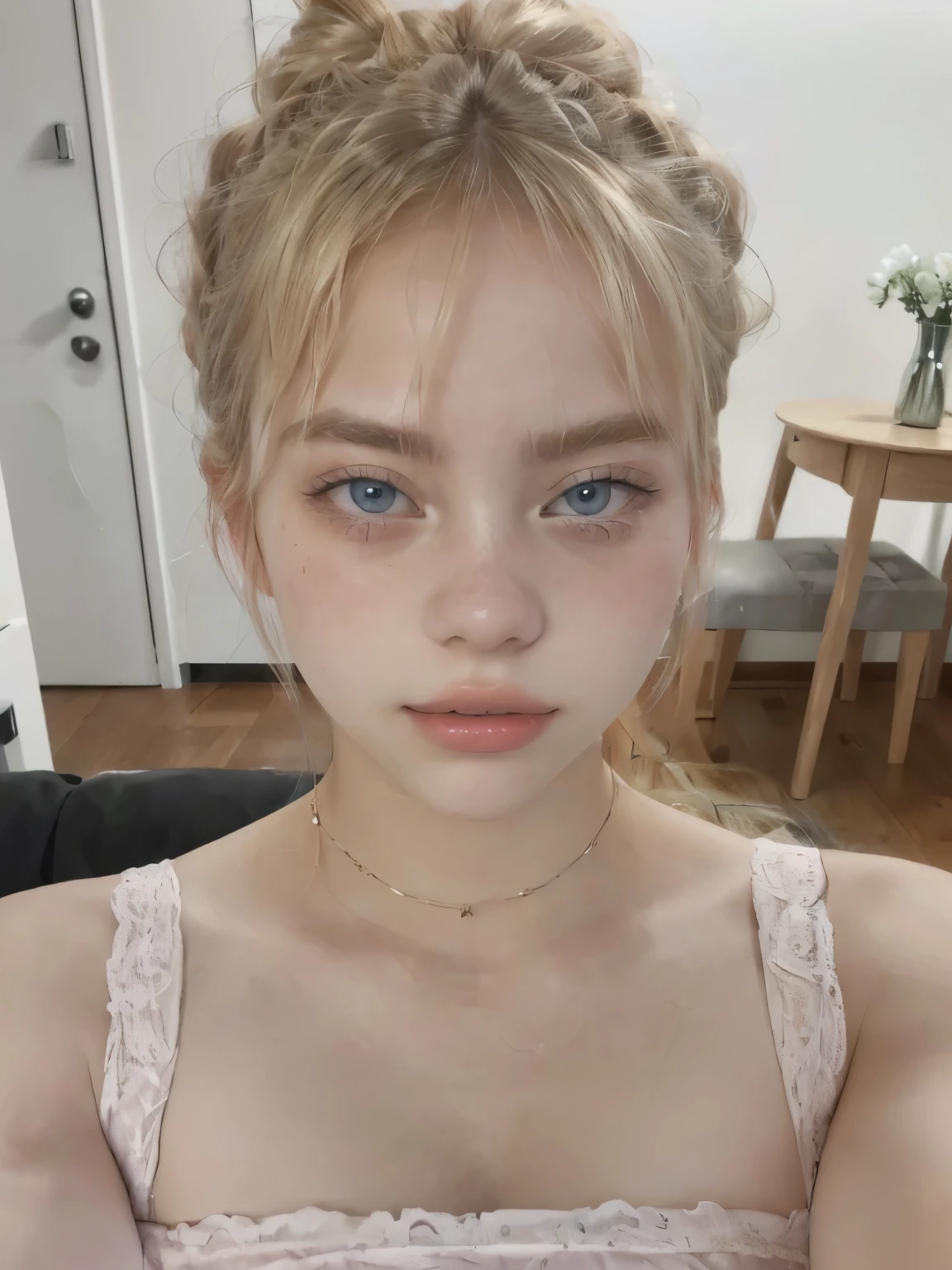 blond woman with a messy bun in a pink dress, 18 years old, 19-year-old girl, blonde hair and large eyes, lalisa manobal, 🤤 girl portrait, perfect face ), 1 6 years old, 2 2 years old, she is about 20 years old, she is about 2 0 years old, without makeup, lovely delicate face
