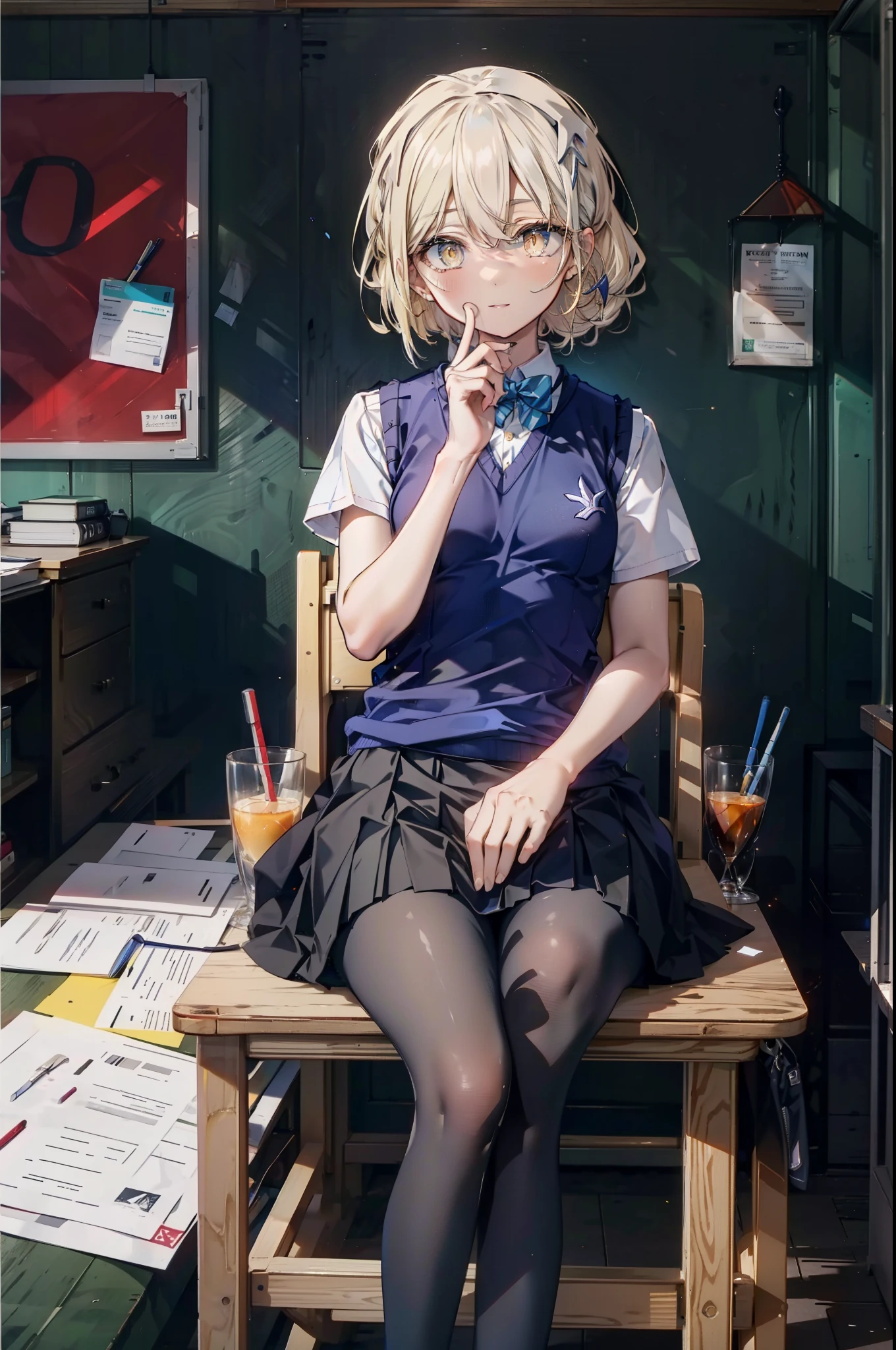 Izvalenstein, Eyes Wallenstein, Blonde Hair, Hair between the eyes, White hair band, Long Hair, (Yellow Eyes:1.5), Side Lock,smile,blush,, break skirt, shirt, bow, ribbon, , white shirt, Short sleeve, Pleated skirt, collared shirt, mini skirt, bowtie, 黒いloafers , Black Skirt, Black pantyhose, loafers, green bow, Sweater vest, (blue Sweater vest:1.5),sitting cross-legged on a chair,There is a sandwich on the table,Daytime,Clear skies,
break looking at viewer,whole body,
break indoors, classroom,
break (masterpiece:1.2), highest quality, High resolution, unity 8k wallpaper, (shape:0.8), (Beautiful and beautiful eyes:1.6), Highly detailed face, Perfect lighting, Extremely detailed CG, (Perfect hands, Perfect Anatomy),
