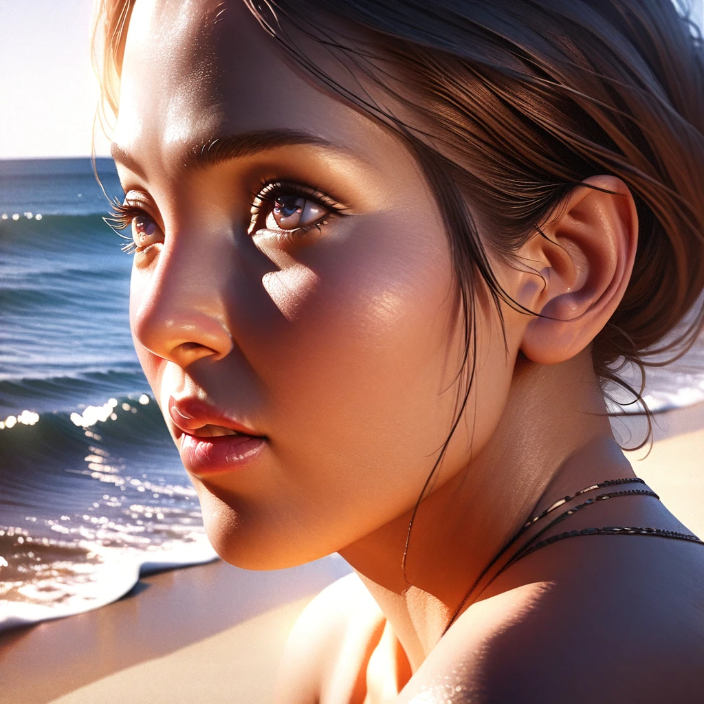 a lovely woman, close-up of face, beautiful detailed eyes, beautiful detailed lips, extremely detailed eyes and face, long eyelashes, warm spring day, beach, ocean, blue sky, sunlight, golden hour, dreamy, romantic, soft lighting, cinematic, elegant, graceful, tender, affectionate, (best quality,4k,8k,highres,masterpiece:1.2),ultra-detailed,(realistic,photorealistic,photo-realistic:1.37),natural lighting,highly detailed face,intricate details,glowing skin