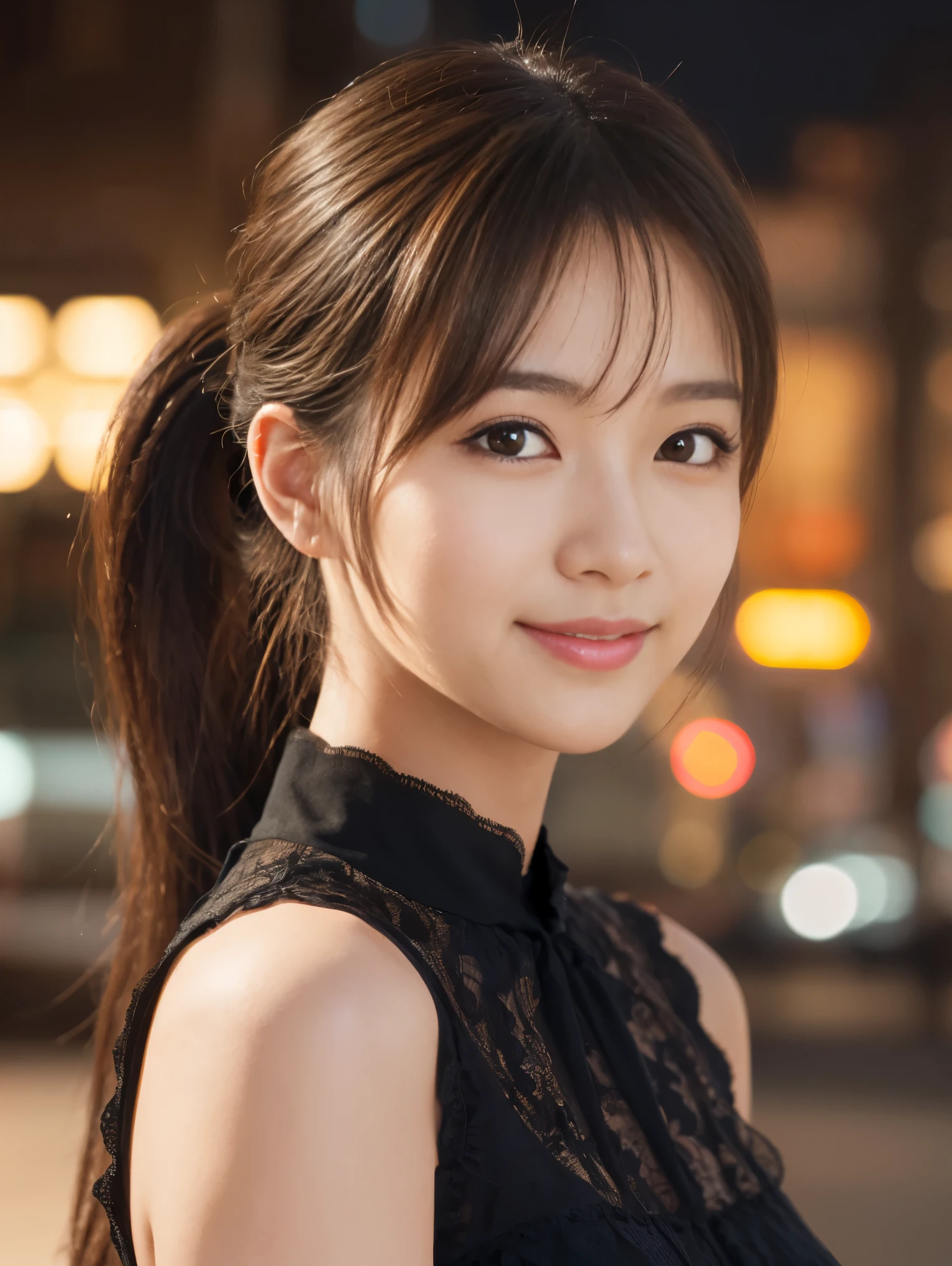 1 girl, (Wearing a black blouse:1.2), Beautiful Japanese actresses, (ponytail:1.3), (RAW Photos, highest quality), (Realistic, Photorealistic:1.4), masterpiece, Very delicate and beautiful, Very detailed, 2k wallpaper, wonderful, finely, Very detailed CG Unity 8K 壁紙, Very detailed, High resolution, Soft Light, Beautiful detailed girl, Very detailed目と顔, Beautiful and detailed nose, Beautiful and detailed, Cinema Lighting, break (Snowy night cityscape as background 1.3), City lights, Perfect Anatomy, Slender body, smile, Face the front completely, Looking at the camera