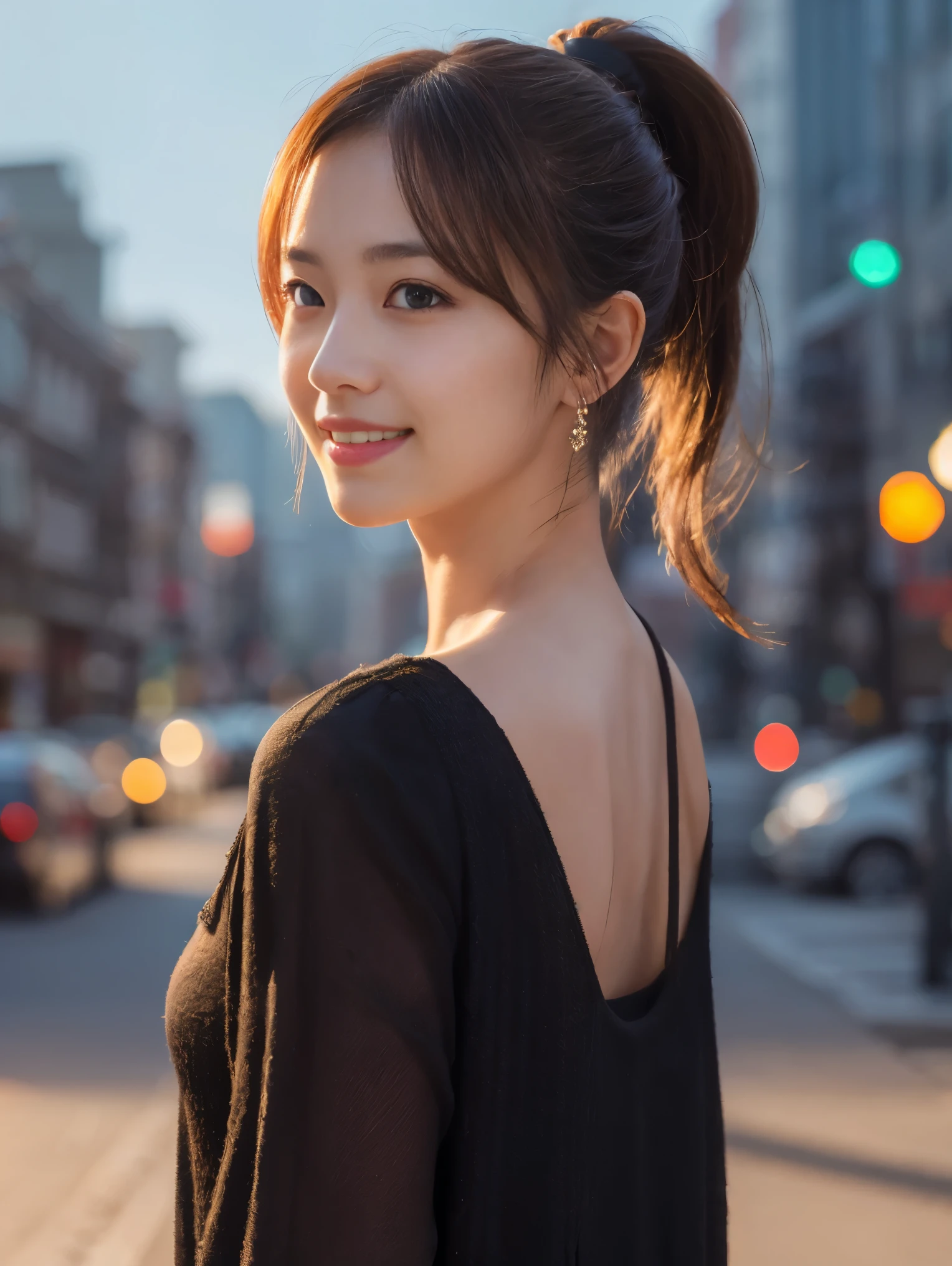 1 girl, (Wearing a black blouse:1.2), Beautiful Japanese actresses, (ponytail:1.3), (RAW Photos, highest quality), (Realistic, Photorealistic:1.4), masterpiece, Very delicate and beautiful, Very detailed, 2k wallpaper, wonderful, finely, Very detailed CG Unity 8K 壁紙, Very detailed, High resolution, Soft Light, Beautiful detailed girl, Very detailed目と顔, Beautiful and detailed nose, Beautiful and detailed, Cinema Lighting, break (Snowy night cityscape as background 1.3), City lights, Perfect Anatomy, Slender body, smile, Face the front completely, Looking at the camera