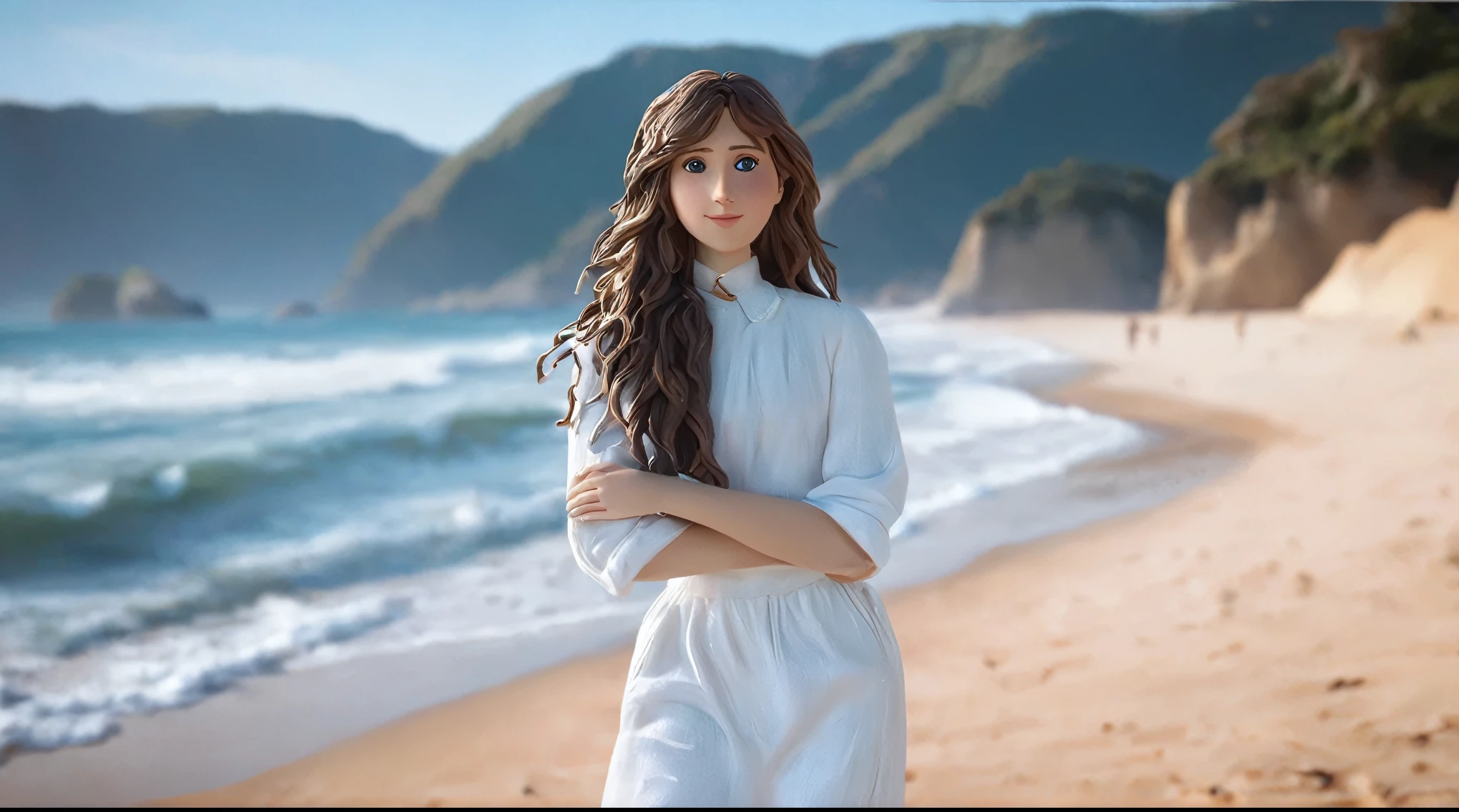 long-haired girl in white clothes on the beach，Clay Style，Beach，seaside，water，
,Clay Animation, Clay, 