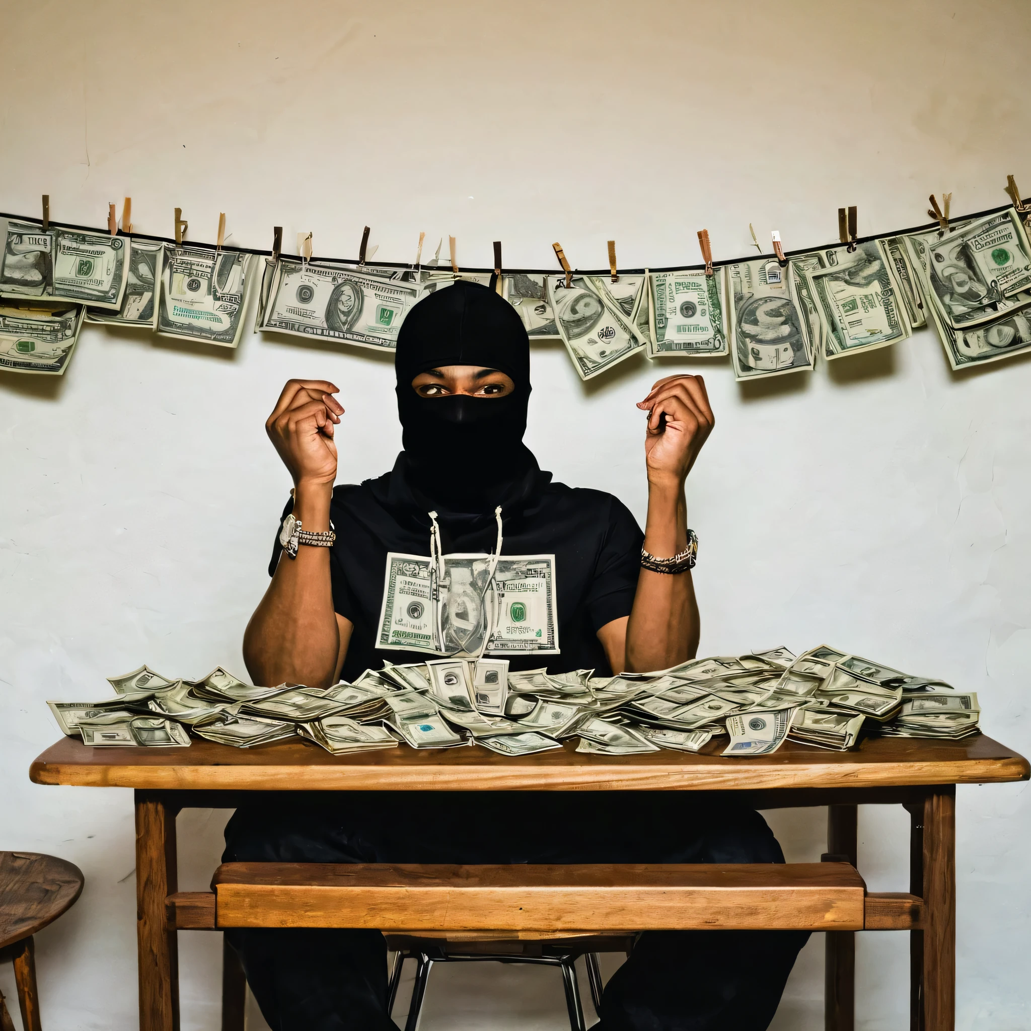 um rapper usando uma balaclava contando dinheiro sentado em uma cadeira, na mesa mais notas, dollar bills hanging from a clothesline above the rapper, sem camisa