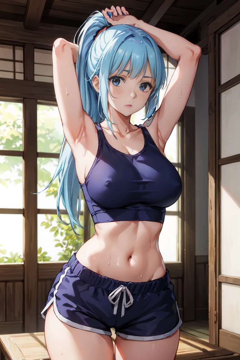 (extremely detailed CG unity 8k wallpaper),(masterpiece),(best quality),(ultra-detailed),(best illustration),(best shadow),(absurdres),  Kasumi, 1girl, solo, blue hair, long hair, blue eyes, holding, bangs, blunt bangs, indoors, upper body, straight hair, tanktop, sleeveless, collarbone, bare shoulder, Standing in bedroom , large breasts, Extremely wide hips, thick thighs, facing camera, looking at viewer, (wide hips), beautiful japanese garden background, dolfine shorts, dshorts, lips seperated, cleavege, athletic shorts, Extremely tight shorts,booth shorts, perfect face, kasumi miwa, miwa, handsome on head, arms up, sweating ,hot, ponytail,36 year old mature woman