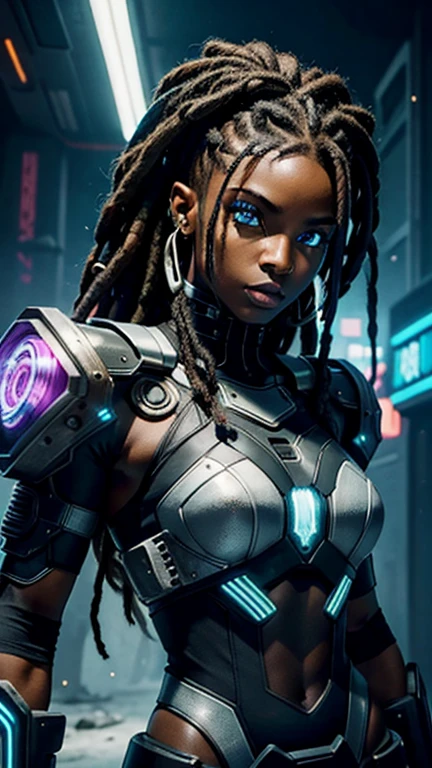 A stunning woman in a post-apocalyptic cyberpunk setting. Your ebony skin glows under the neon light, Blue cybernetic eyes stand out from a chiseled face with strong features. Cabelos em dreadlocks adornados com LEDs piscantes. Ela veste um traje futurista preto e prata, with circuits and metallic armatures, adjusted to the athletic body, She's on a futuristic street, surrounded by crumbling skyscrapers, faded holographic signs, colorful neons and sparks from electrical wires. Metallic plates and urban debris punctuate the scene. The sky in shades of artificial purple and blue contrasts with the deep shadows of the streets.