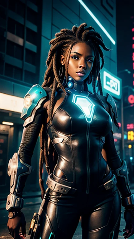 A stunning woman in a post-apocalyptic cyberpunk setting. Your ebony skin glows under the neon light, Blue cybernetic eyes stand out from a chiseled face with strong features. Cabelos em dreadlocks adornados com LEDs piscantes. Ela veste um traje futurista preto e prata, with circuits and metallic armatures, adjusted to the athletic body, She&#39;s on a futuristic street, surrounded by crumbling skyscrapers, faded holographic signs, colorful neons and sparks from electrical wires. Metallic plates and urban debris punctuate the scene. The sky in shades of artificial purple and blue contrasts with the deep shadows of the streets.