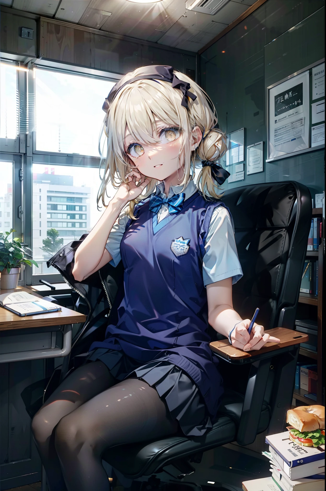 Izvalenstein, Eyes Wallenstein, Blonde Hair, Hair between the eyes, White hair band, Long Hair, (Yellow Eyes:1.5), Side Lock,smile,blush,, break skirt, shirt, bow, ribbon, , white shirt, Short sleeve, Pleated skirt, collared shirt, mini skirt, bowtie, 黒いloafers , Black Skirt, Black pantyhose, loafers, green bow, Sweater vest, (blue Sweater vest:1.5),sitting cross-legged on a chair,There is a sandwich on the table,Daytime,Clear skies,
break looking at viewer,whole body,
break indoors, classroom,
break (masterpiece:1.2), highest quality, High resolution, unity 8k wallpaper, (shape:0.8), (Beautiful and beautiful eyes:1.6), Highly detailed face, Perfect lighting, Extremely detailed CG, (Perfect hands, Perfect Anatomy),