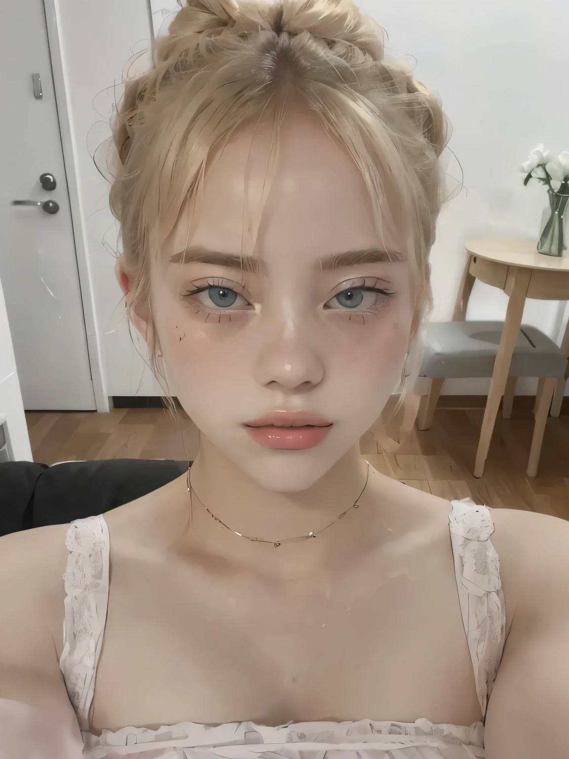 blond woman with a messy bun in a pink dress, 18 years old, 19-year-old girl, blonde hair and large eyes, lalisa manobal, 🤤 girl portrait, perfect face ), 1 6 years old, 2 2 years old, she is about 20 years old, she is about 2 0 years old, without makeup, lovely delicate face