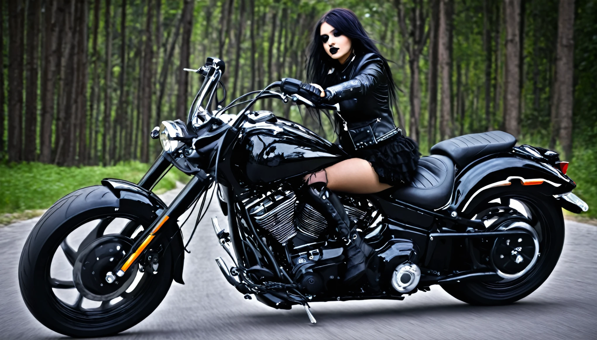 Gothic girl riding a motorcycle