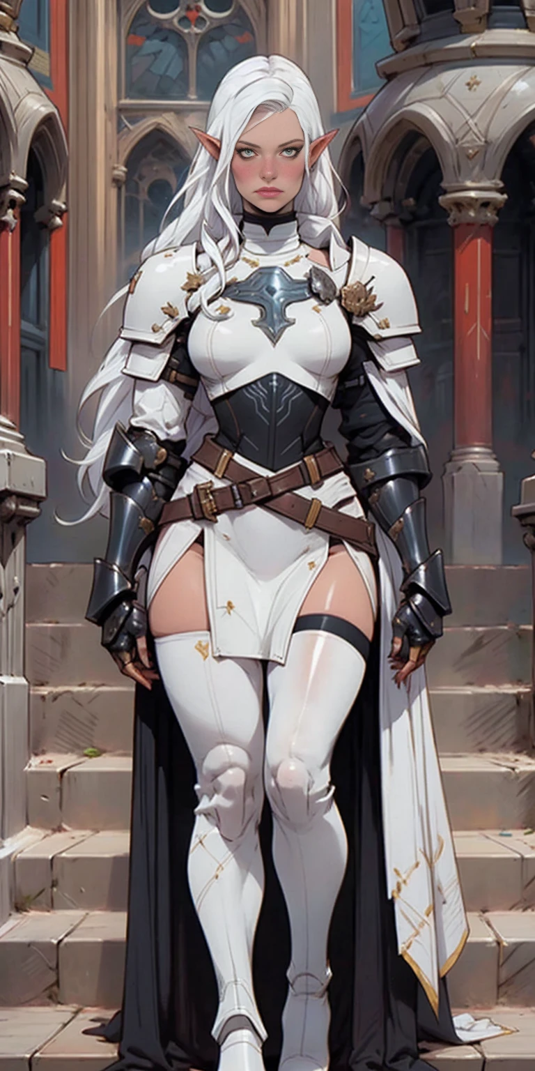 masterpiece, best quality, high quality, white SKIN elf, long hair, white hair, yellow eyes, full body, def_effie, blue breastplate, white skin, looking at viewer, shiny,armor, thighhighs, high boots,shoulder armor, faulds, poleyn, gloves, gauntlets