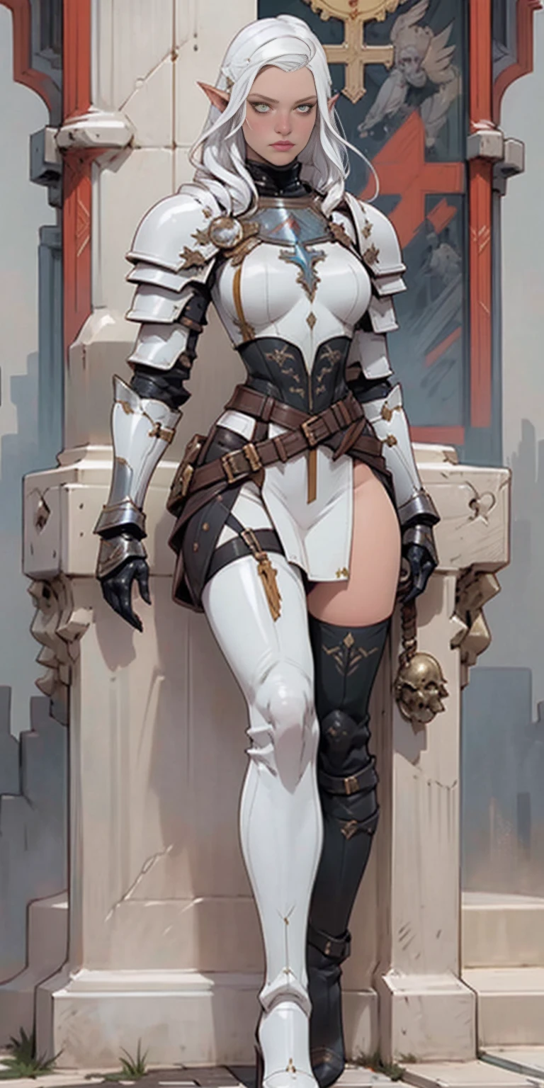 masterpiece, best quality, high quality, white SKIN elf, long hair, white hair, yellow eyes, full body, def_effie, blue breastplate, white skin, looking at viewer, shiny,armor, thighhighs, high boots,shoulder armor, faulds, poleyn, gloves, gauntlets