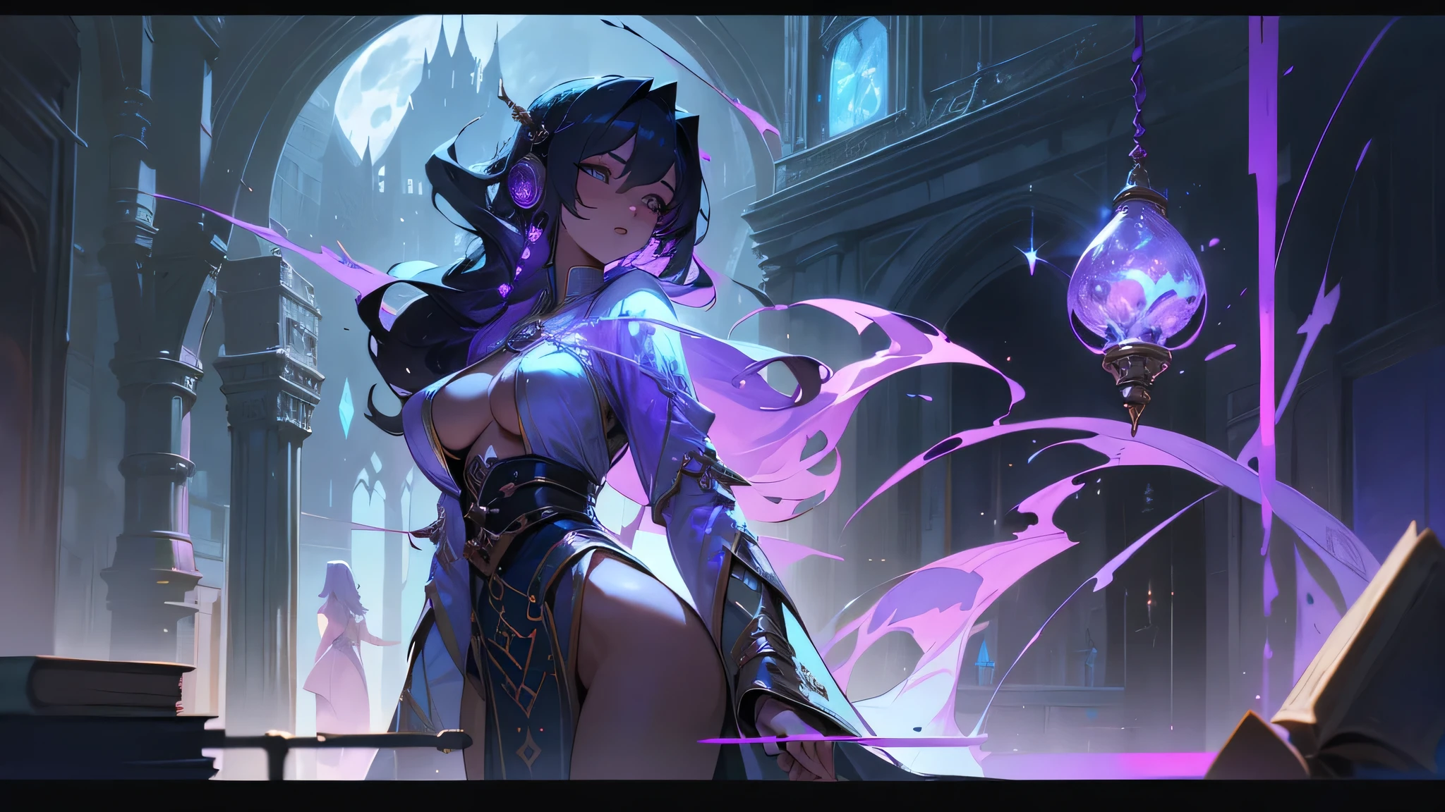 A female wizard wearing a transparent robe and headphones、middle ages、Fantasy、A beautiful night view behind、、sexy、Room w a night view、Moonlight、Unbuttoned、Beautiful woman looking back、Butt、Beautifultocks、Downlighton、Stylish room with fireplace、Half naked