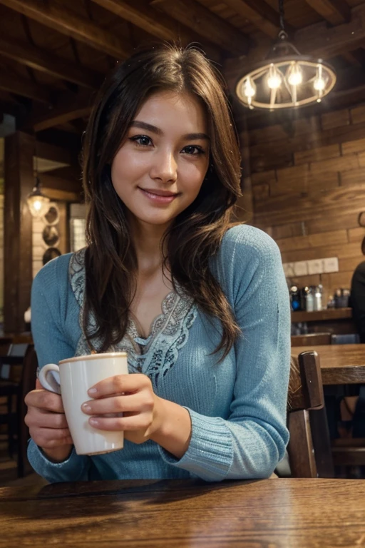 wearing a delicate lace top, sitting at a cozy coffee shop. She is smiling softly as she holds a cup of coffee, with a warm and inviting ambiance around her. The background features rustic wooden tables, comfy chairs, and soft lighting, creating a perfect setting for a relaxing afternoon. 19years old korean, pretty, 8k, best quality, masterpiece, realistic, ultra detail, photo realistic, hyper realistic, smoother lighting, increase cinematic lighting quality, realistic lighting, backlighting, brightening light, Increase quality, best quality real texture skin, close-up, slender, cute face, smile, beautiful details eyes, Drill hair with electric blue color, hood,