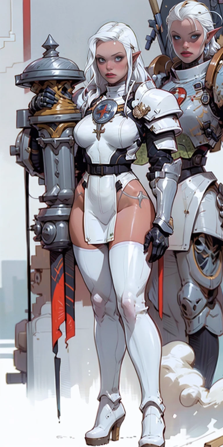 masterpiece, best quality, high quality, white SKIN elf, long hair, white hair, yellow eyes, full body, def_effie, blue breastplate, white skin, looking at viewer, shiny,armor, thighhighs, high boots,shoulder armor, faulds, poleyn, gloves, gauntlets